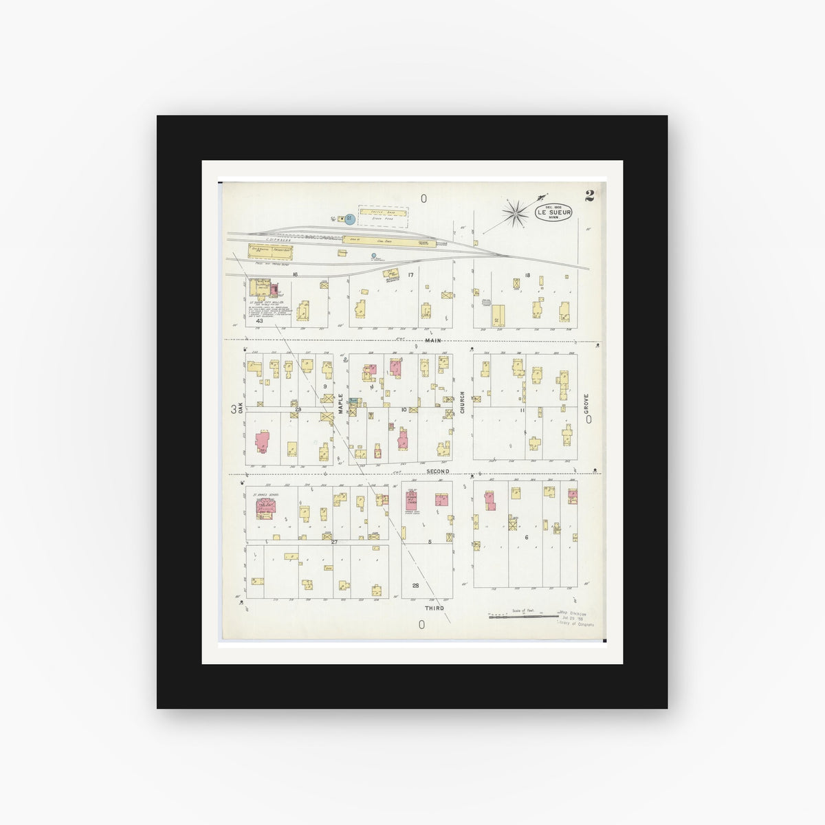 Old map wall art mockup — black gallery frame with white mat — Sanborn Fire Insurance Map from Le Sueur, Le Sueur County, Minnesota (1902), Sheet #0002