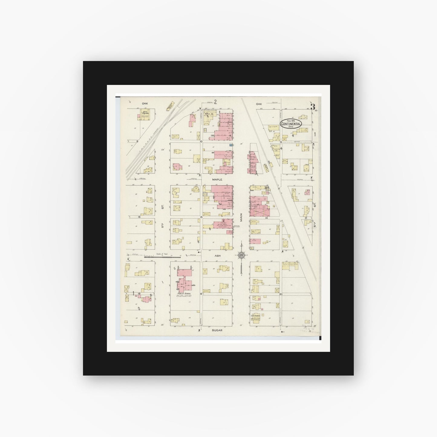 Old map wall art mockup — black gallery frame with white mat — Sanborn Fire Insurance Map from Continental, Putnam County, Ohio (1915), Sheet #0003