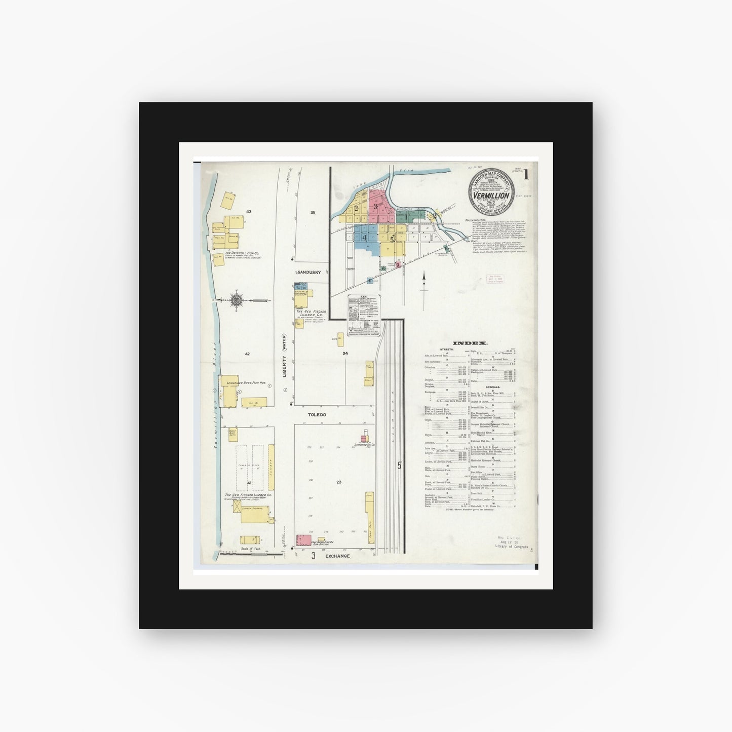 Old map wall art mockup — black gallery frame with white mat — Sanborn Fire Insurance Map from Vermillion, Erie County, Ohio (1911), Sheet #0001