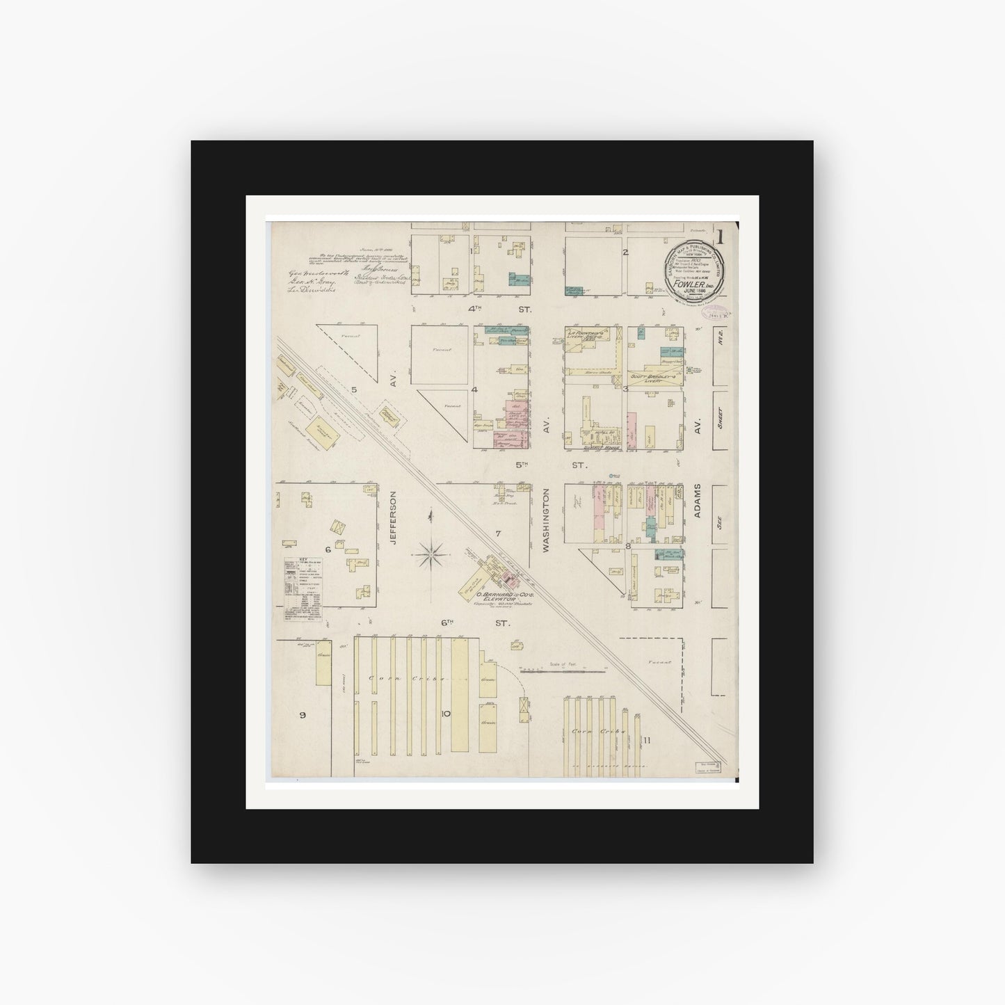 Old map wall art mockup — black gallery frame with white mat — Sanborn Fire Insurance Map from Fowler, Benton County, Indiana (1886) - Complete Map Set