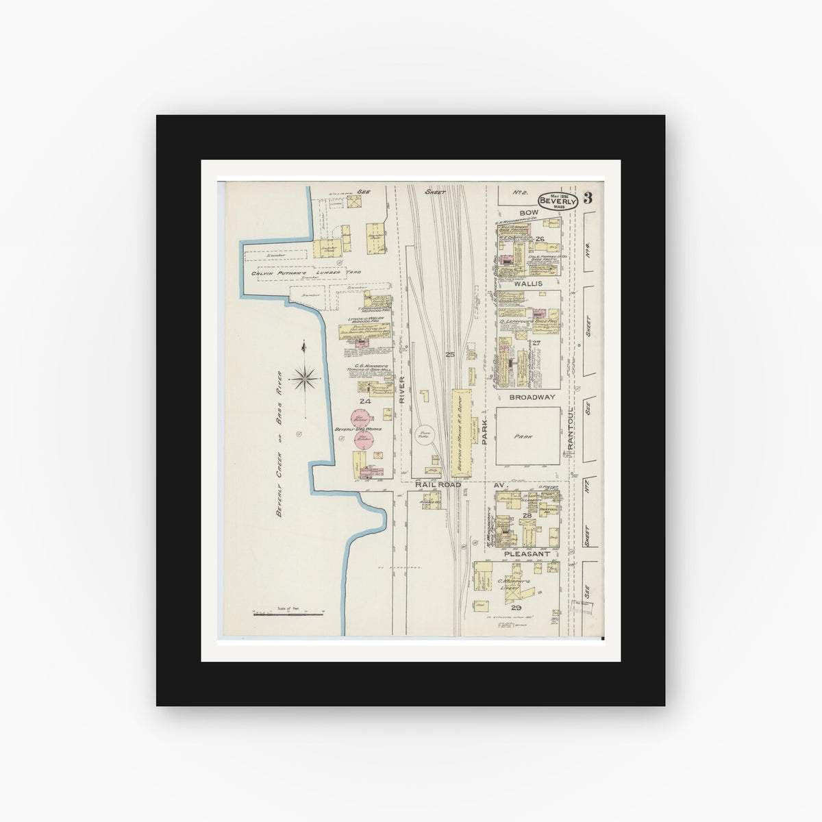 Old map wall art mockup — black gallery frame with white mat — Sanborn Fire Insurance Map from Beverly, Essex County, Massachusetts (1886), Sheet #0003