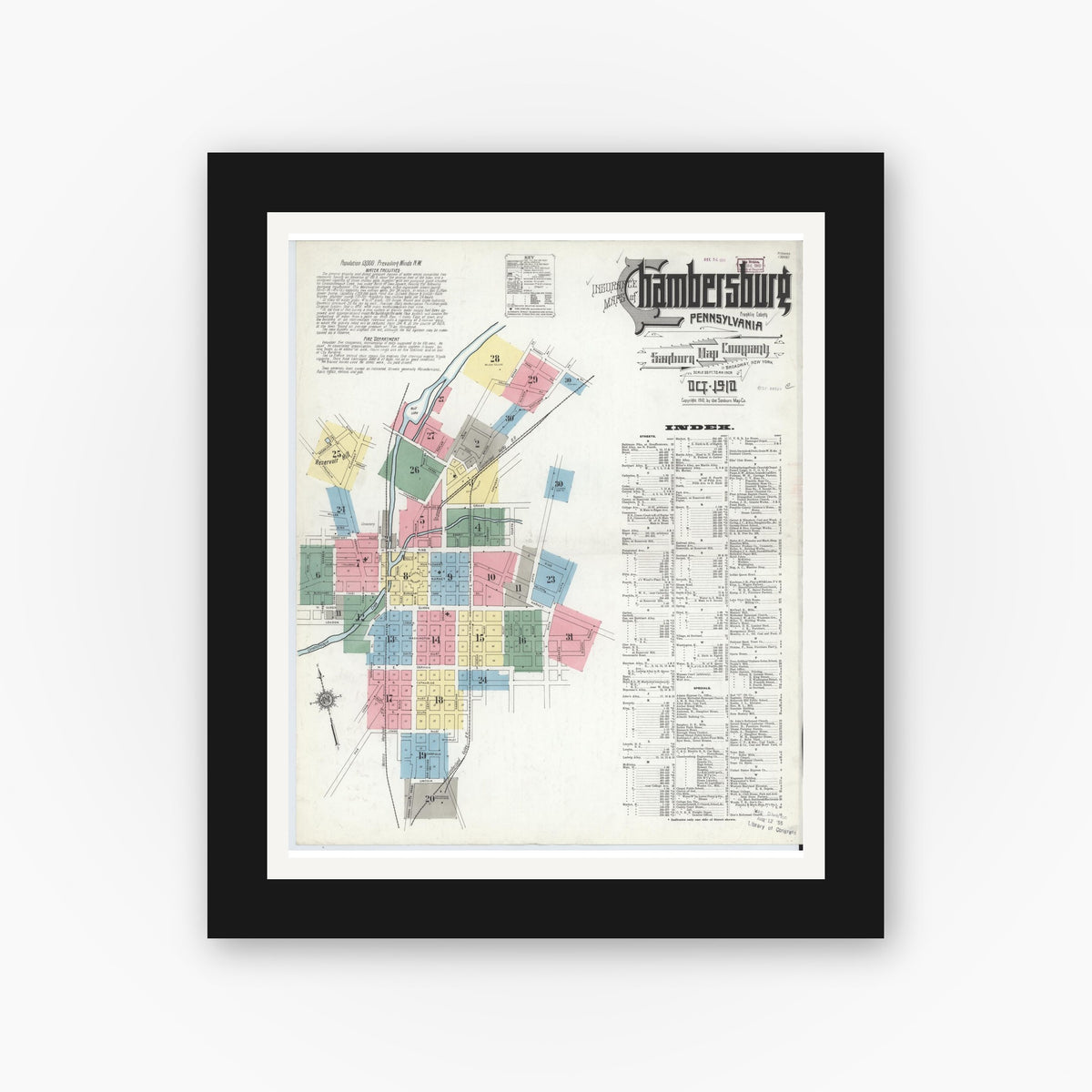 Old map wall art mockup — black gallery frame with white mat — Sanborn Fire Insurance Map from Chambersburg, Franklin County, Pennsylvania (1910) - Complete Map Set
