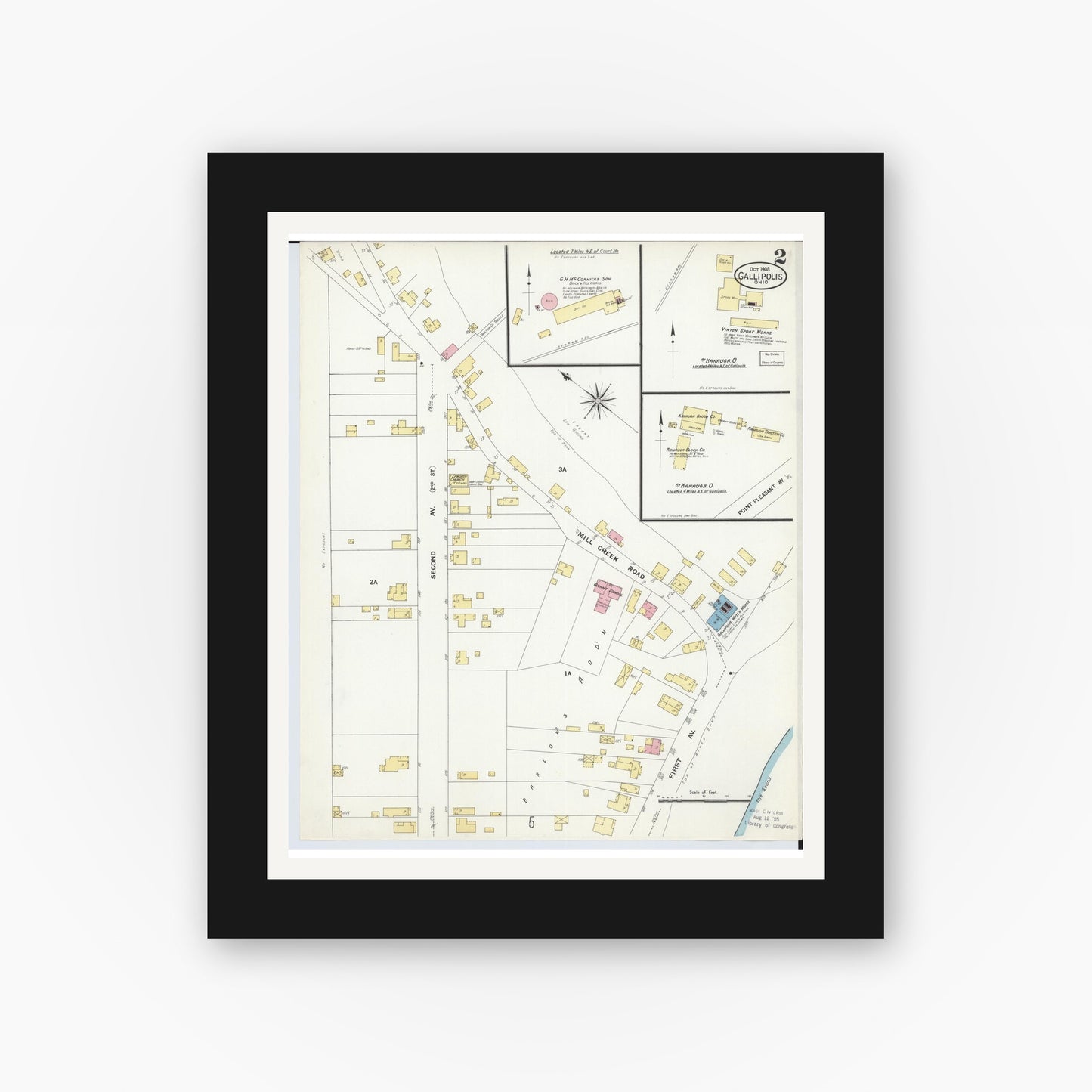 Old map wall art mockup — black gallery frame with white mat — Sanborn Fire Insurance Map from Gallipolis, Gallia County, Ohio (1908), Sheet #0002