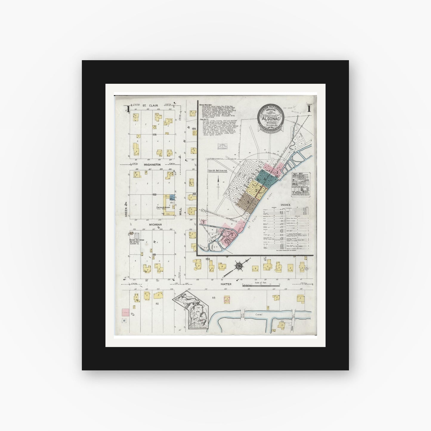 Old map wall art mockup — black gallery frame with white mat — Sanborn Fire Insurance Map from Algonac, Saint Clair County, Michigan (1924) - Complete Map Set