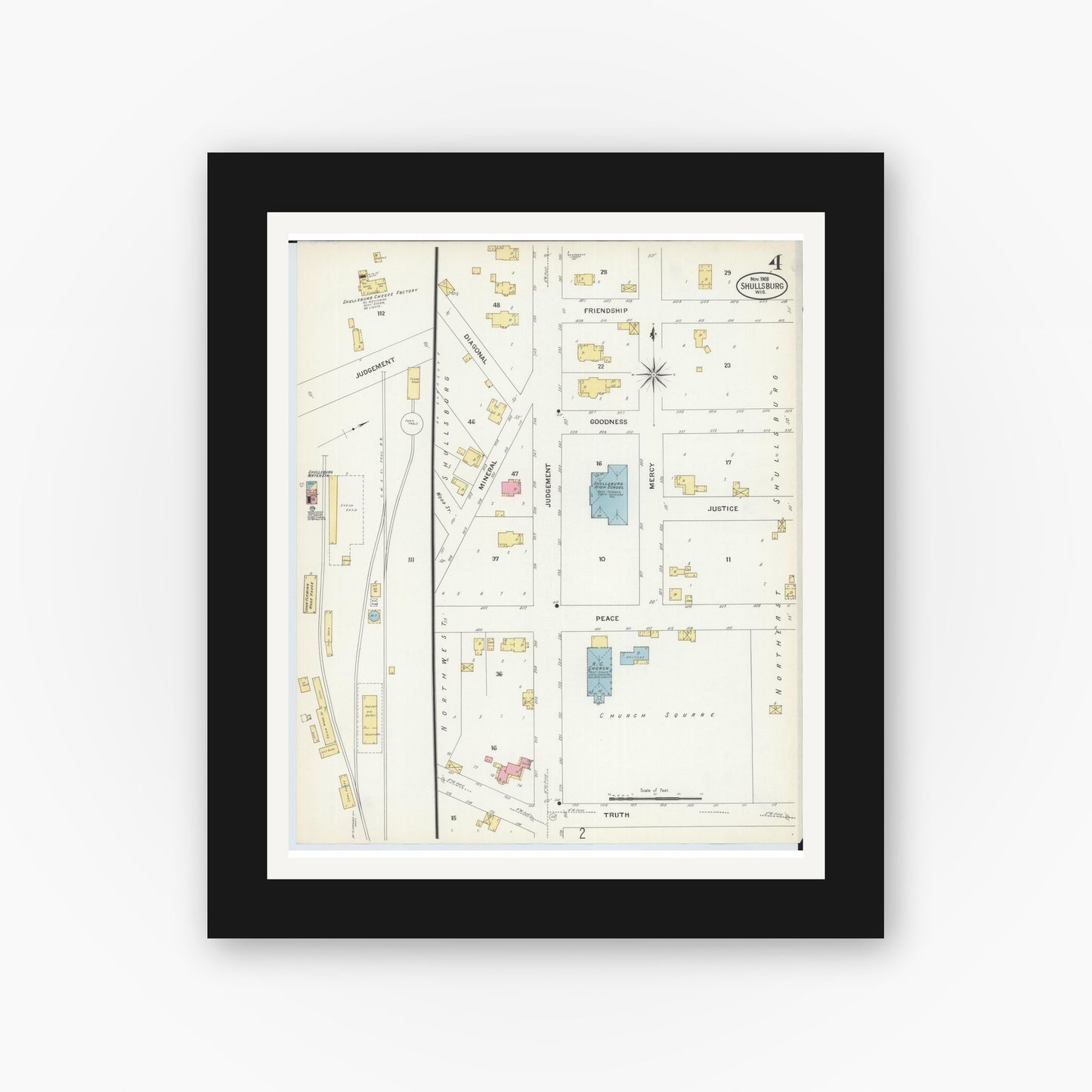 Old map wall art mockup — black gallery frame with white mat — Sanborn Fire Insurance Map from Shullsburg, Lafayette County, Wisconsin (1908), Sheet #0004