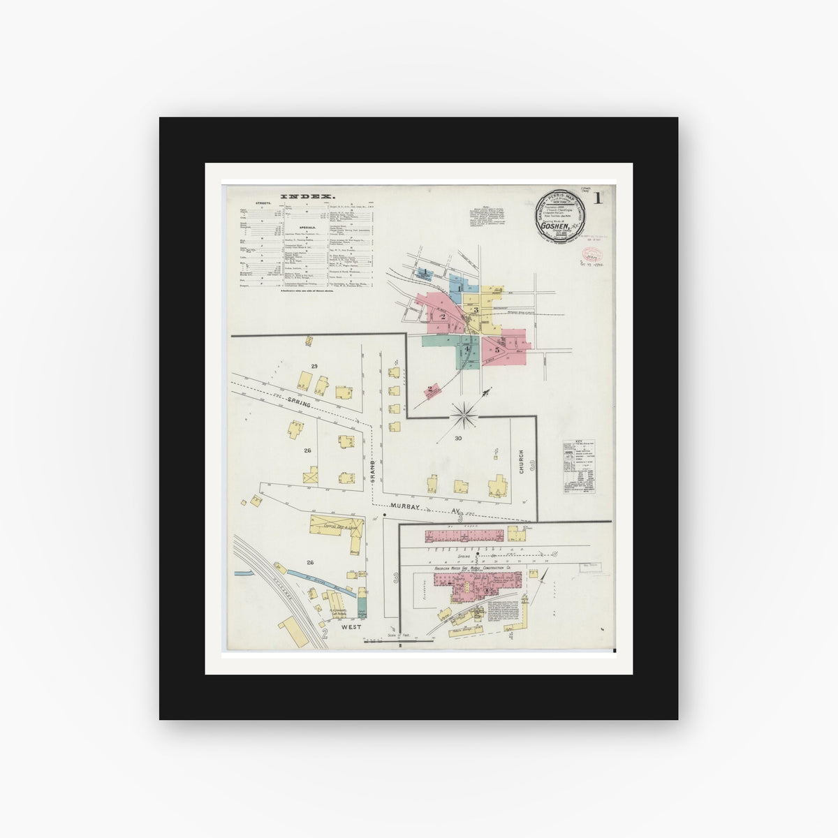 Old map wall art mockup — black gallery frame with white mat — Sanborn Fire Insurance Map from Goshen, Orange County, New York (1894) - Complete Map Set