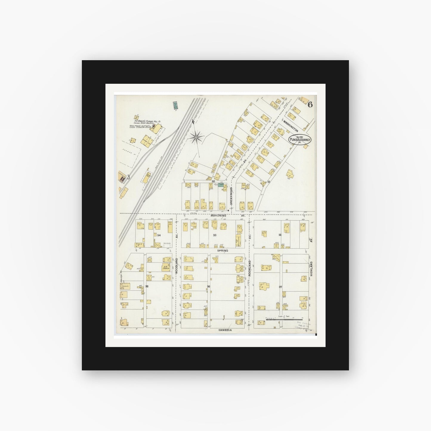 Old map wall art mockup — black gallery frame with white mat — Sanborn Fire Insurance Map from Punxsutawney, Jefferson County, Pennsylvania (1901), Sheet #0006