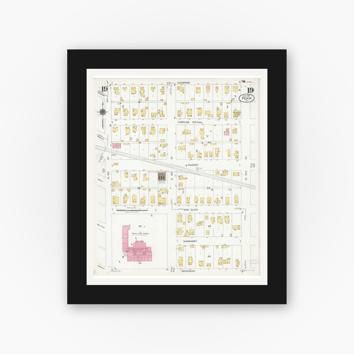 Old map wall art mockup — black gallery frame with white mat — Sanborn Fire Insurance Map from Pekin, Tazewell County, Illinois (1925), Sheet #0019