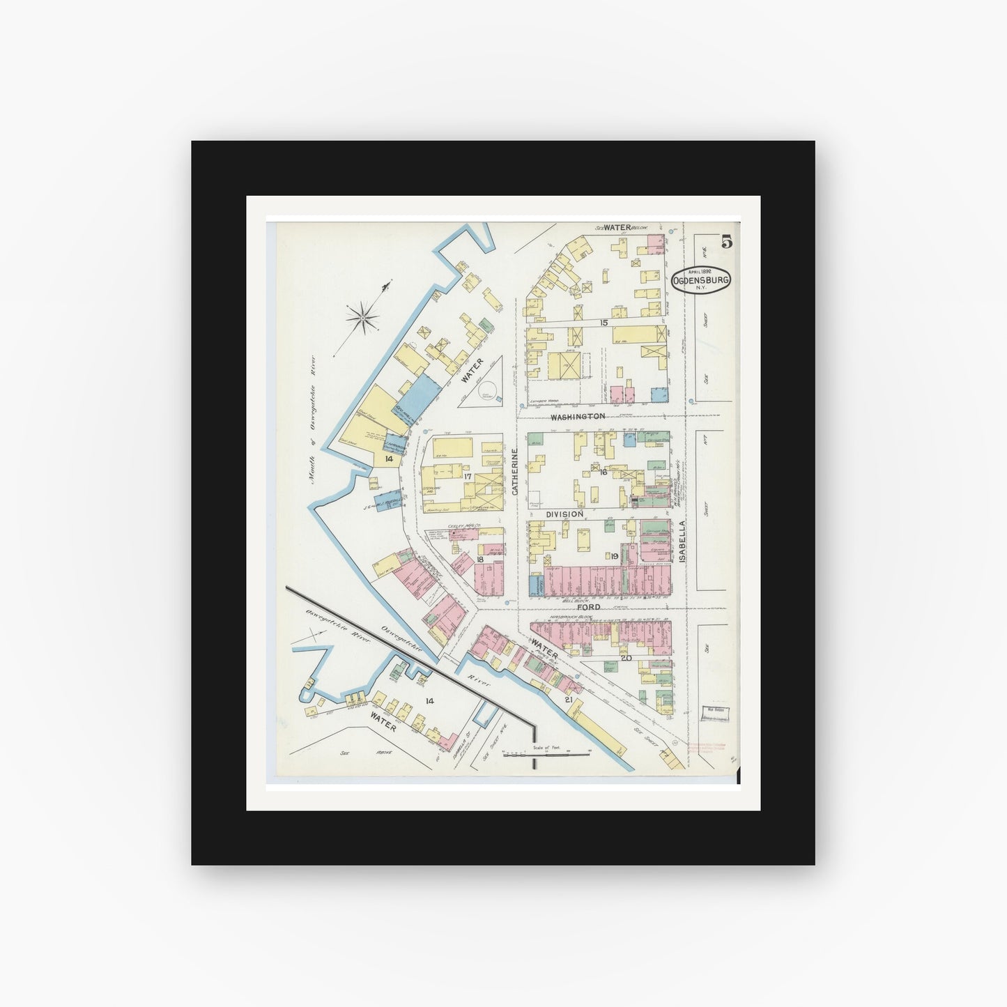 Old map wall art mockup — black gallery frame with white mat — Sanborn Fire Insurance Map from Ogdensburg, St. Lawrence County, New York (1892), Sheet #0004