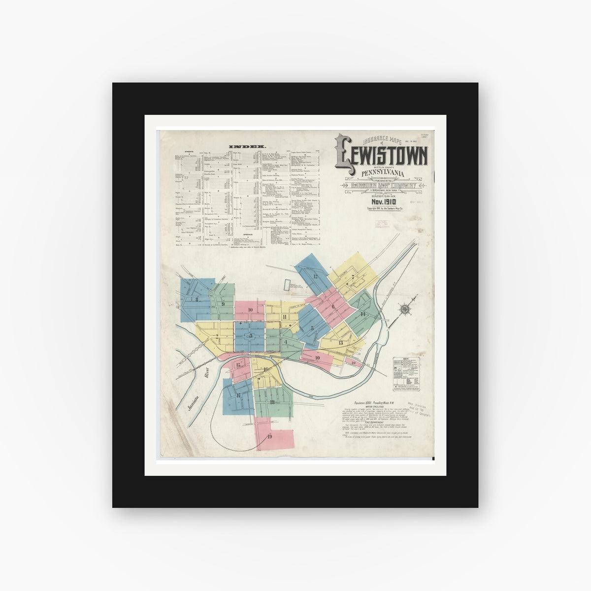 Old map wall art mockup — black gallery frame with white mat — Sanborn Fire Insurance Map from Lewistown, Mifflin County, Pennsylvania (1910) - Complete Map Set