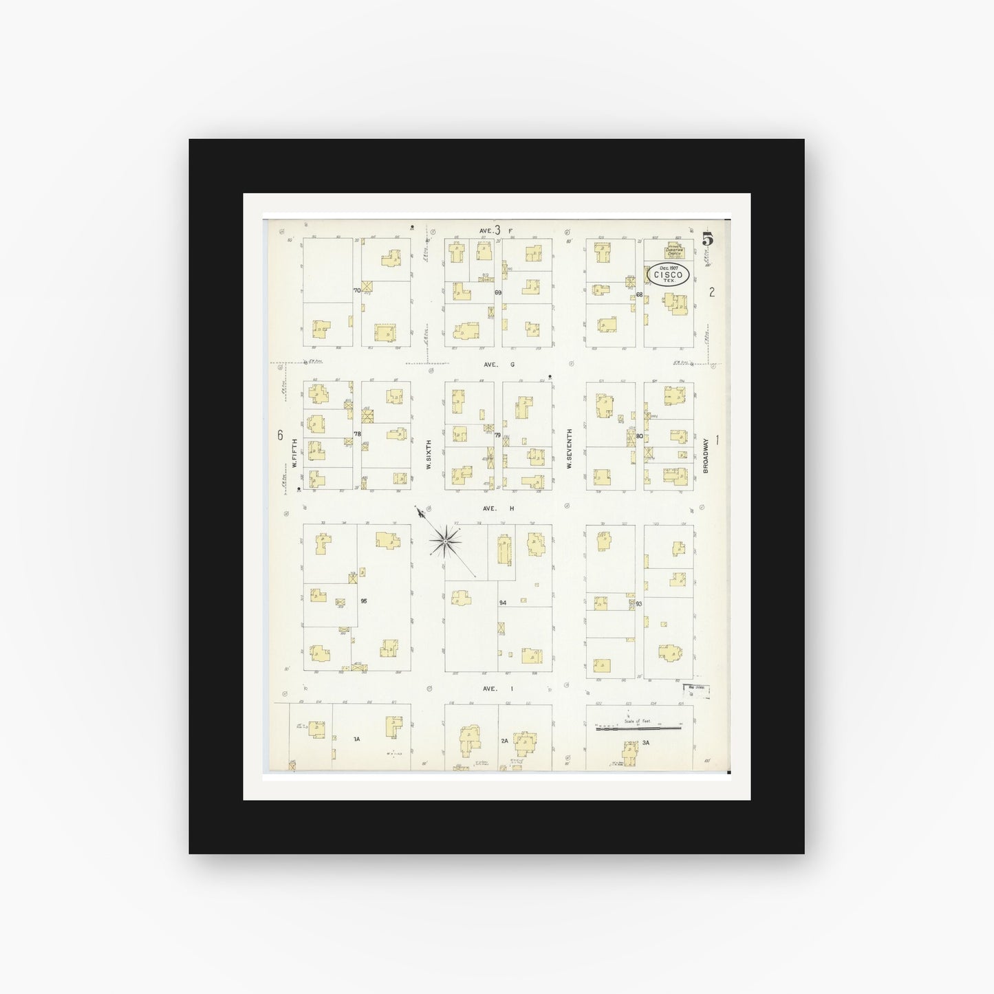 Old map wall art mockup — black gallery frame with white mat — Sanborn Fire Insurance Map from Cisco, Eastland County, Texas (1907), Sheet #0005