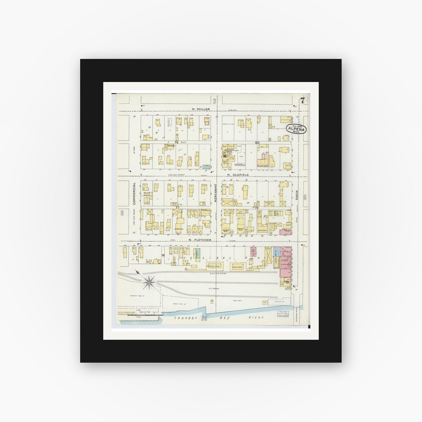 Old map wall art mockup — black gallery frame with white mat — Sanborn Fire Insurance Map from Alpena, Alpena County, Michigan (1895), Sheet #0007