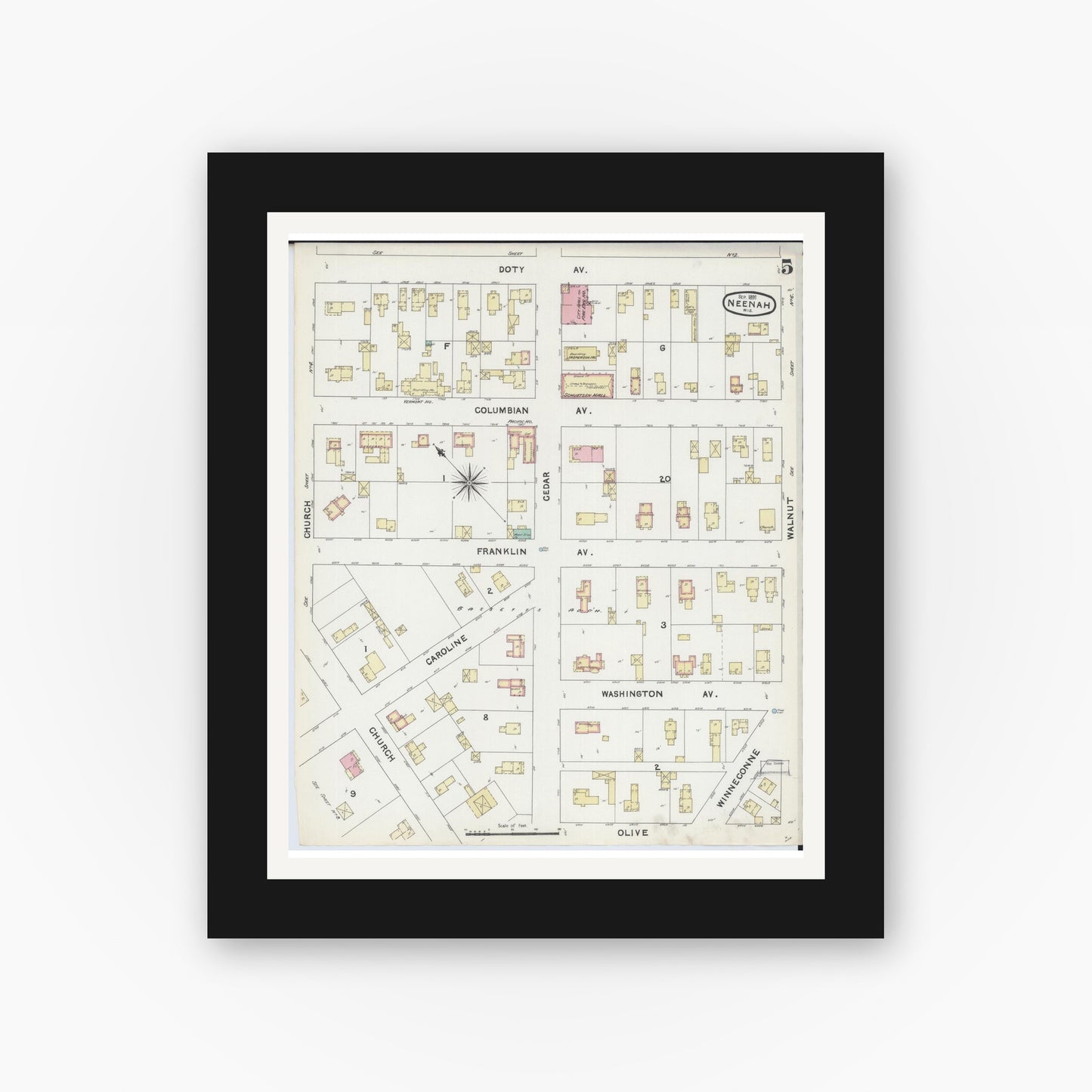 Old map wall art mockup — black gallery frame with white mat — Sanborn Fire Insurance Map from Neenah, Winnebago County, Wisconsin (1891), Sheet #0005