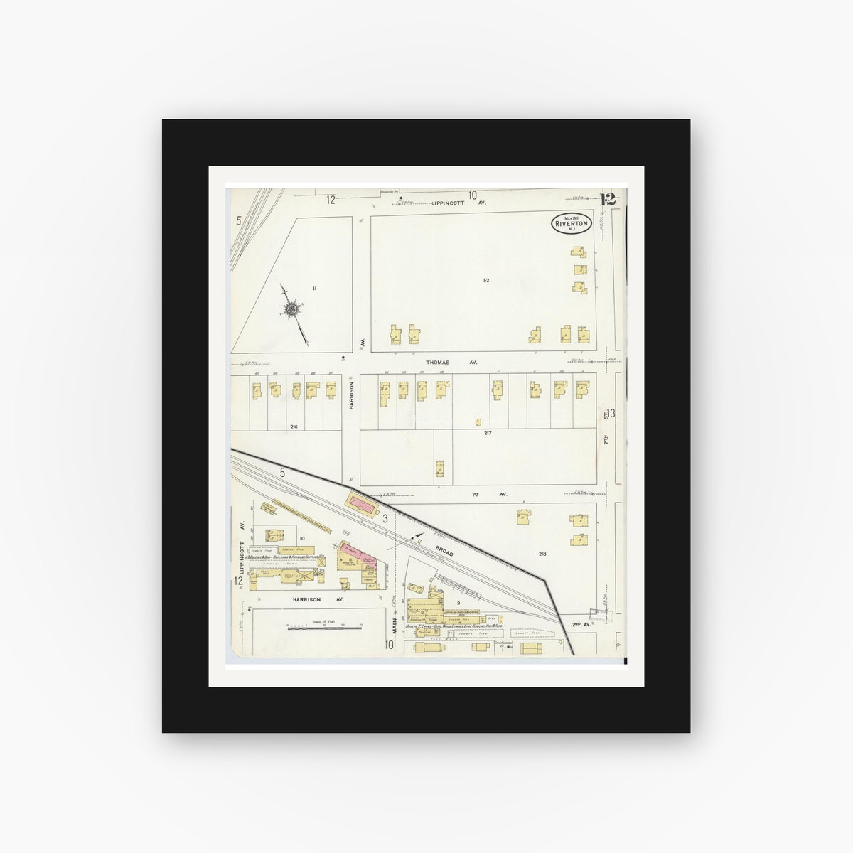Old map wall art mockup — black gallery frame with white mat — Sanborn Fire Insurance Map from Riverton, Burlington County, New Jersey (1911), Sheet #0012