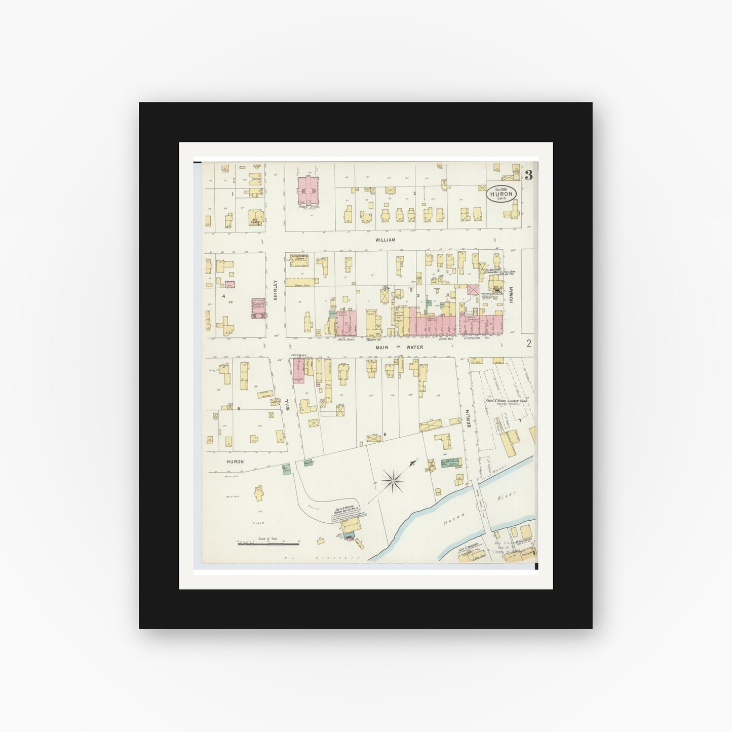 Old map wall art mockup — black gallery frame with white mat — Sanborn Fire Insurance Map from Huron, Erie County, Ohio (1898), Sheet #0003