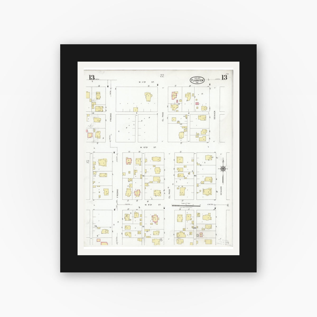 Old map wall art mockup — black gallery frame with white mat — Sanborn Fire Insurance Map from Plainview, Hale County, Texas (1927), Sheet #0013