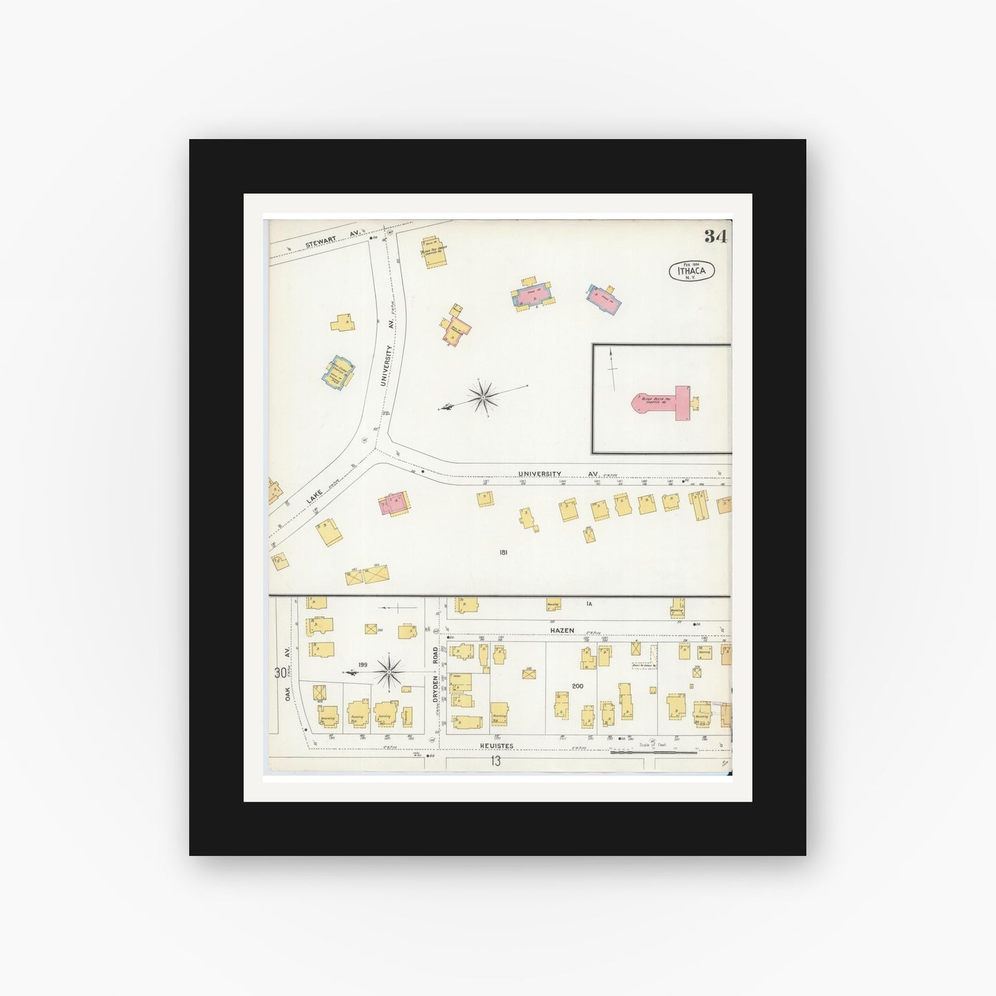 Old map wall art mockup — black gallery frame with white mat — Sanborn Fire Insurance Map from Ithaca, Tompkins County, New York (1904), Sheet #0034