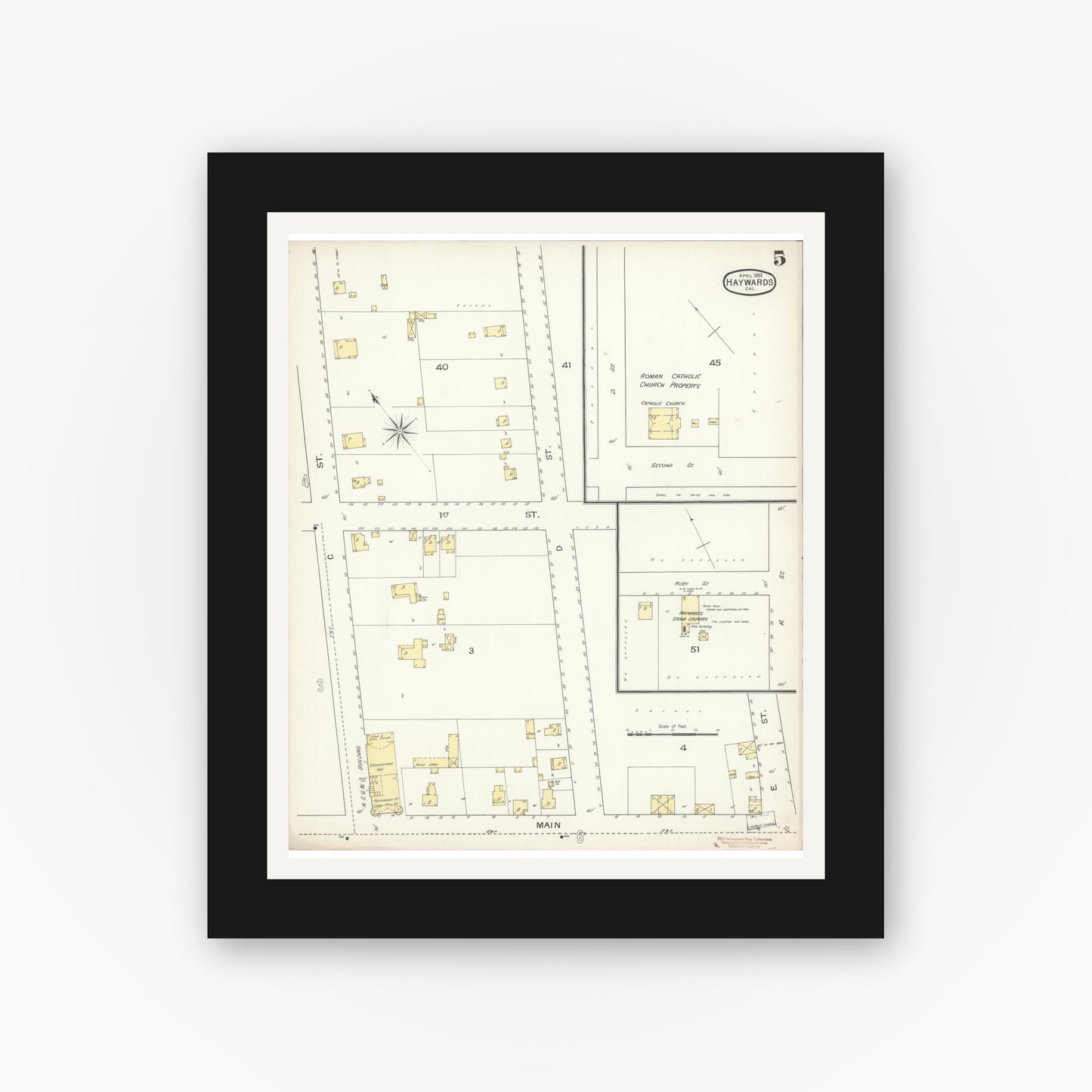 Old map wall art mockup — black gallery frame with white mat — Sanborn Fire Insurance Map from Hayward, Alameda County, California (1893), Sheet #0005