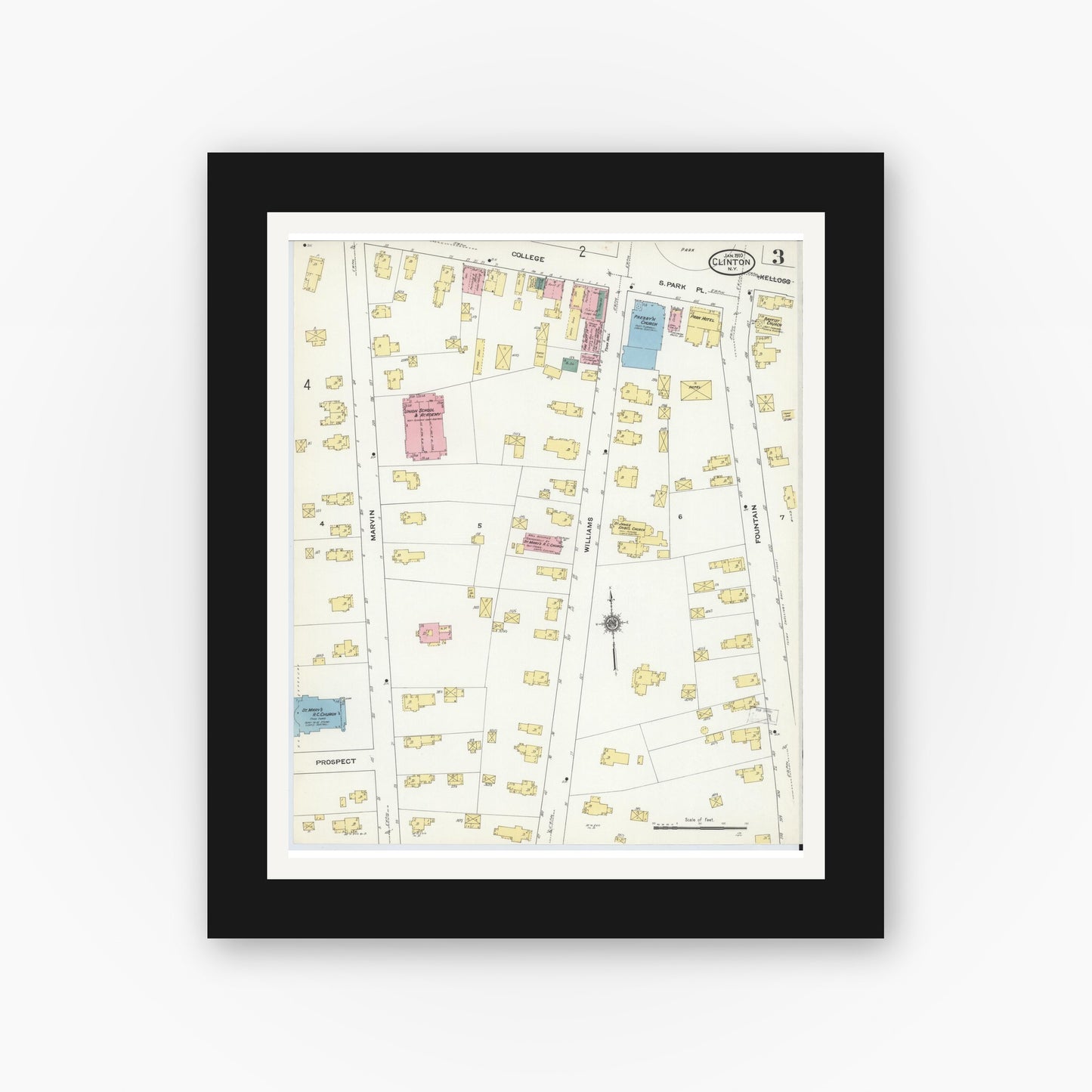 Old map wall art mockup — black gallery frame with white mat — Sanborn Fire Insurance Map from Clinton, Oneida County, New York (1910), Sheet #0003