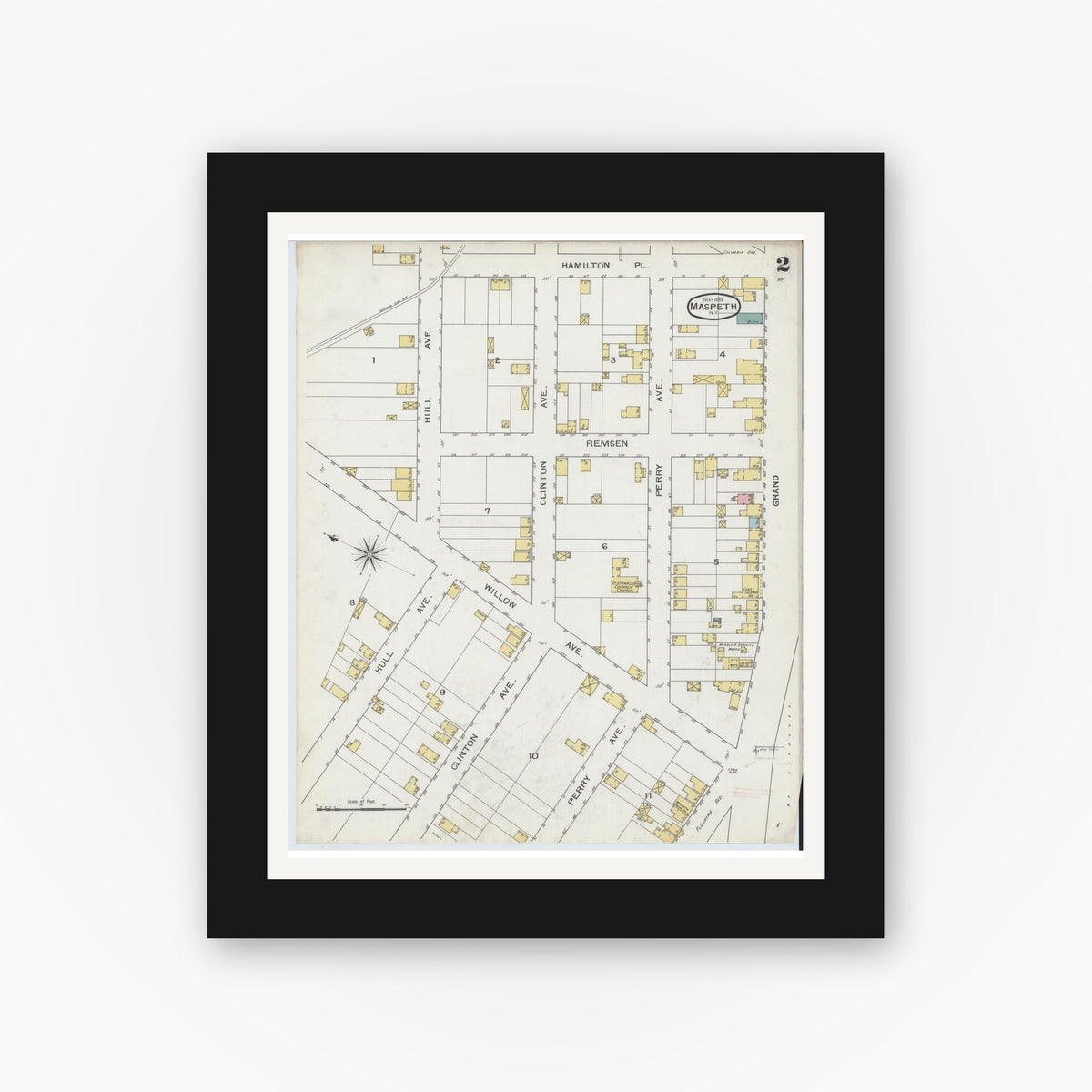 Old map wall art mockup — black gallery frame with white mat — Sanborn Fire Insurance Map from Maspeth, Queens County, New York (1893), Sheet #0002