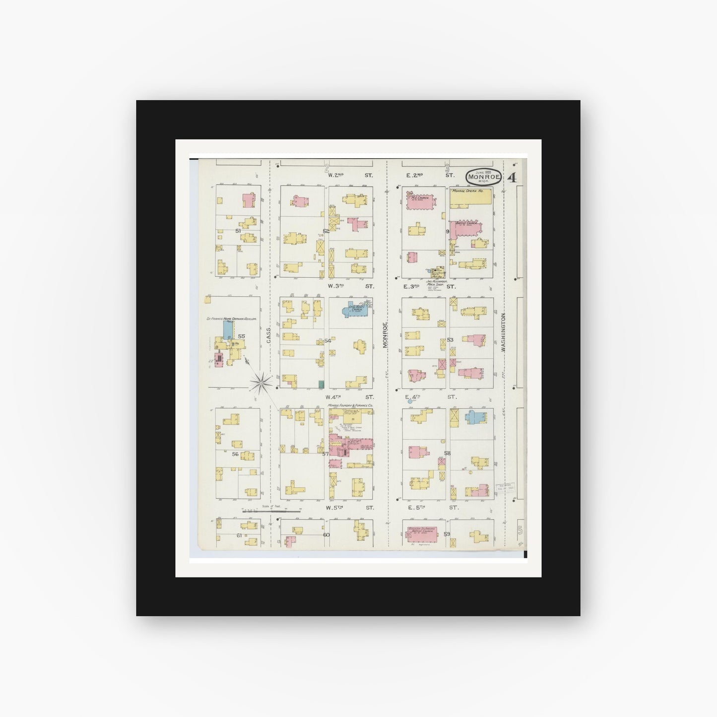 Old map wall art mockup — black gallery frame with white mat — Sanborn Fire Insurance Map from Monroe, Monroe County, Michigan (1893), Sheet #0004