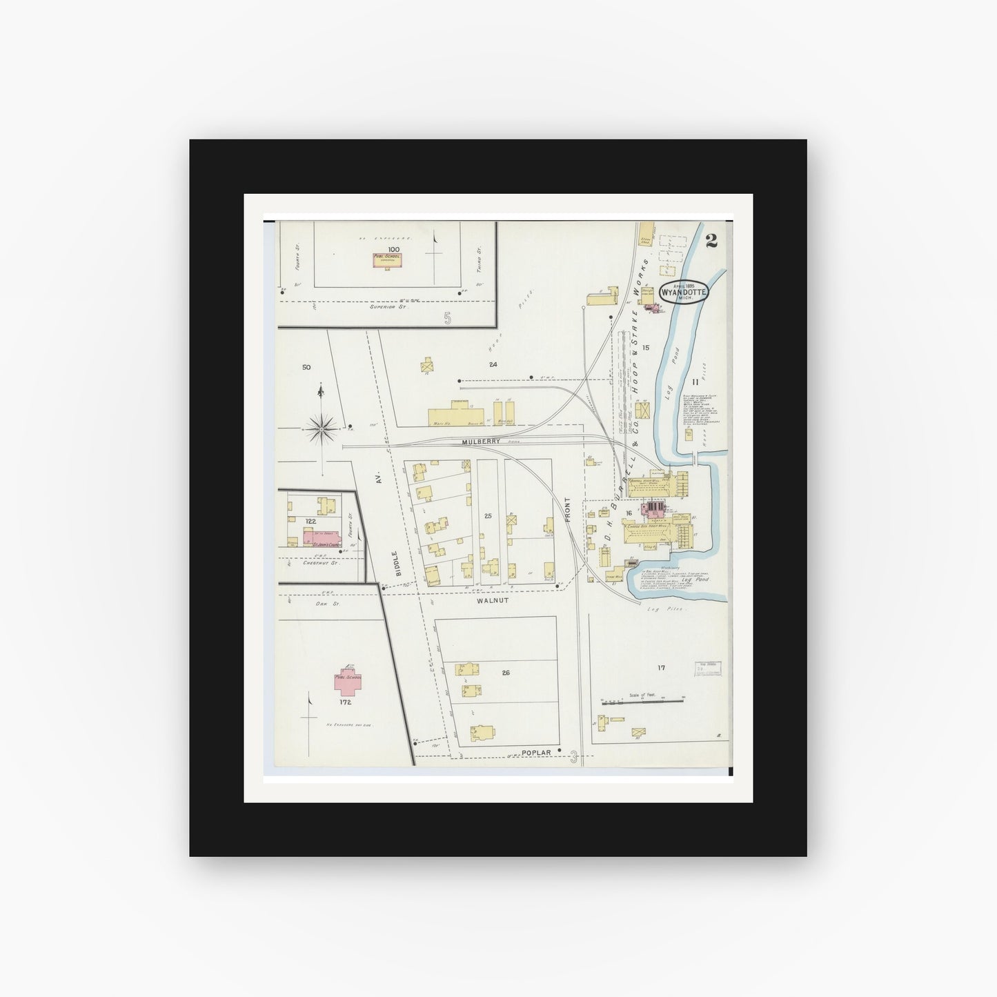 Old map wall art mockup — black gallery frame with white mat — Sanborn Fire Insurance Map from Wyandotte, Wayne County, Michigan (1895), Sheet #0002