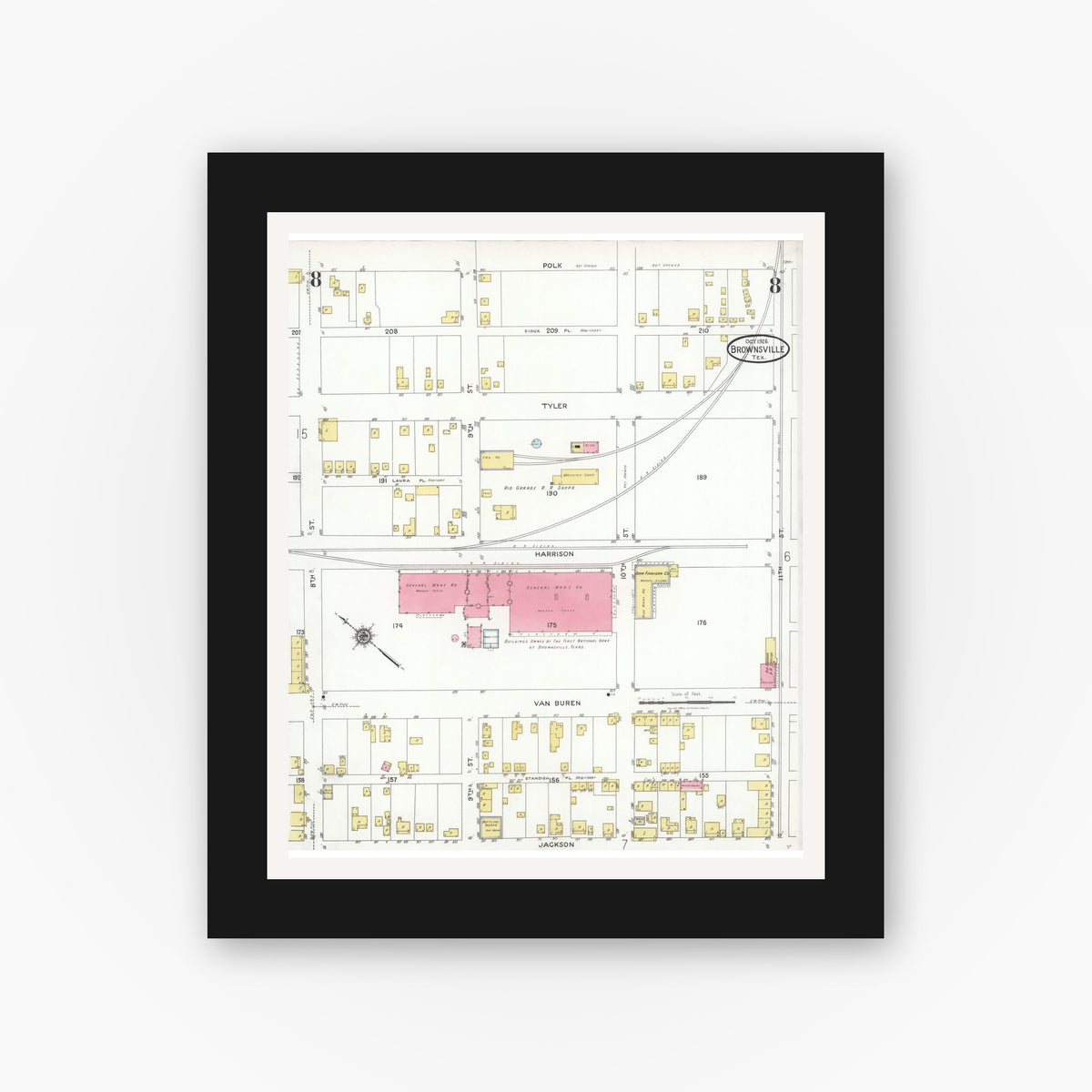 Old map wall art mockup — black gallery frame with white mat — Sanborn Fire Insurance Map from Brownsville, Cameron County, Texas (1926), Sheet #0008