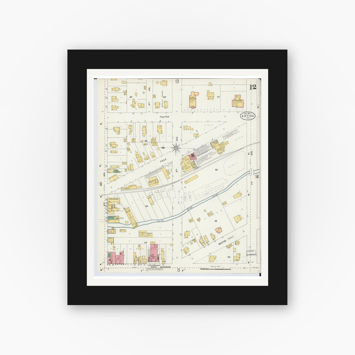 Old map wall art mockup — black gallery frame with white mat — Sanborn Fire Insurance Map from Antigo, Langlade County, Wisconsin (1904), Sheet #0012