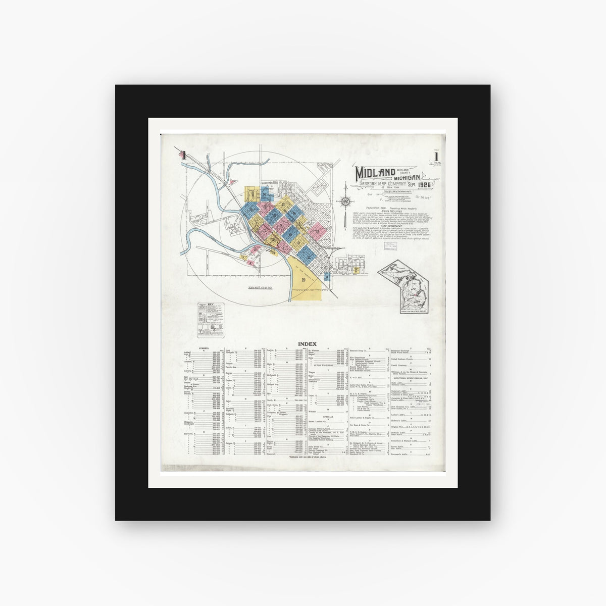 Old map wall art mockup — black gallery frame with white mat — Sanborn Fire Insurance Map from Midland, Midland County, Michigan (1926), Sheet #0001