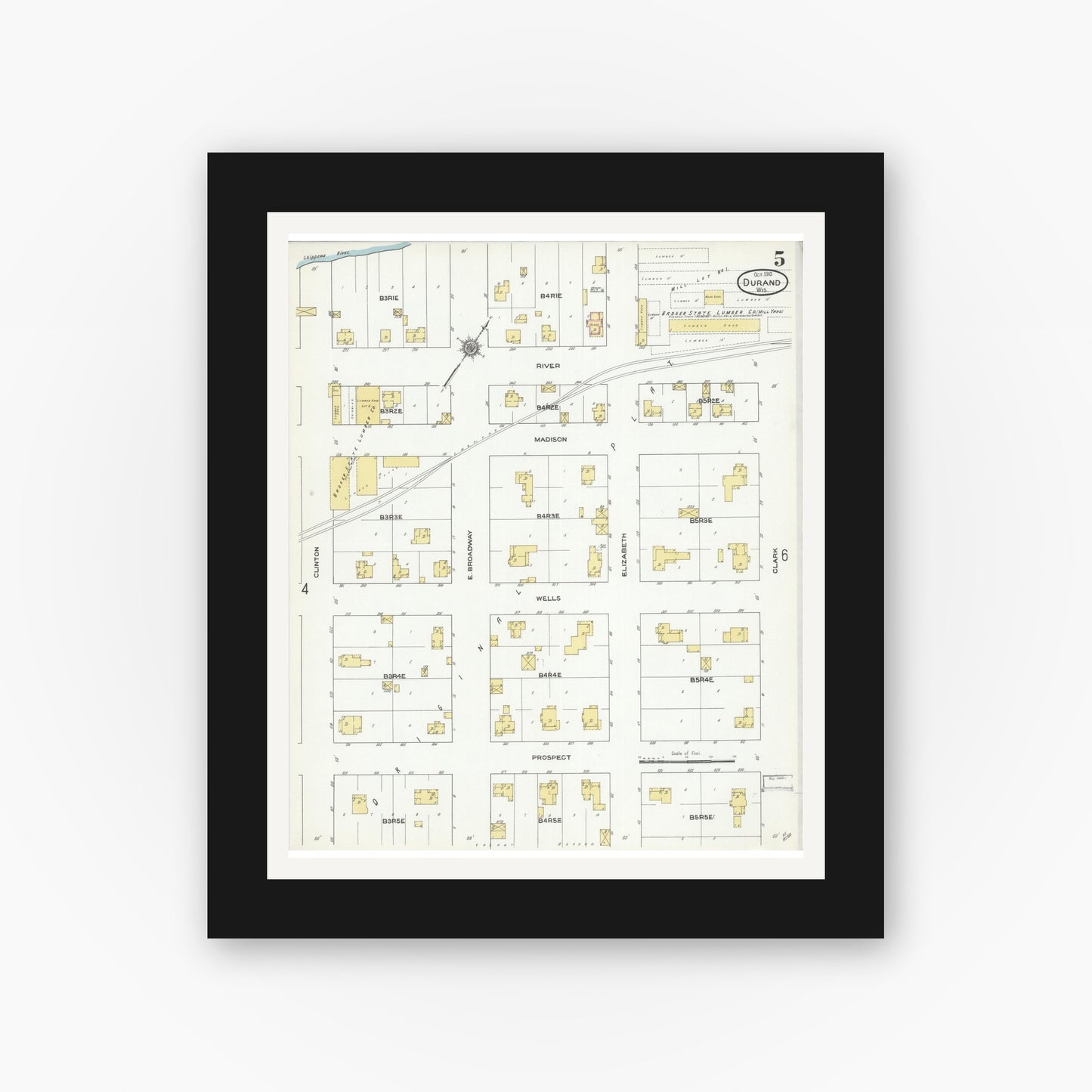 Old map wall art mockup — black gallery frame with white mat — Sanborn Fire Insurance Map from Durand, Pepin County, Wisconsin (1910), Sheet #0005
