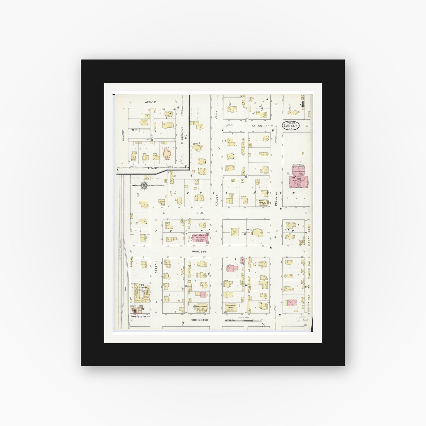 Old map wall art mockup — black gallery frame with white mat — Sanborn Fire Insurance Map from Lanark, Carroll County, Illinois (1912), Sheet #0004