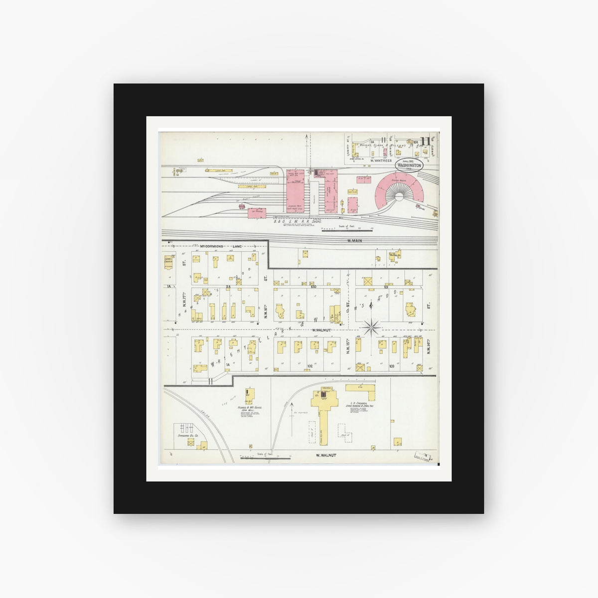 Old map wall art mockup — black gallery frame with white mat — Sanborn Fire Insurance Map from Washington, Daviess County, Indiana (1902), Sheet #0011