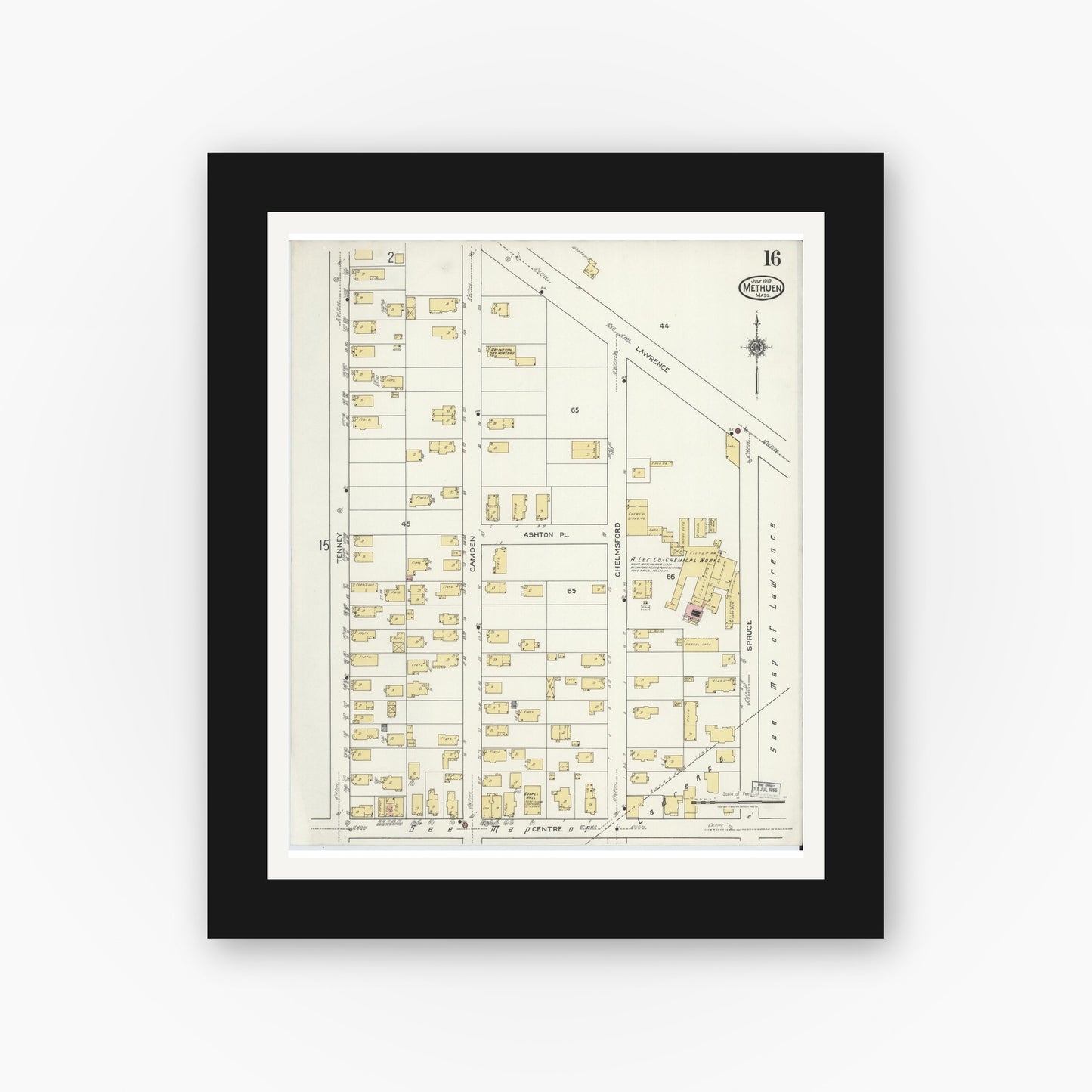 Old map wall art mockup — black gallery frame with white mat — Sanborn Fire Insurance Map from Methuen, Essex County, Massachusetts (1919), Sheet #0016