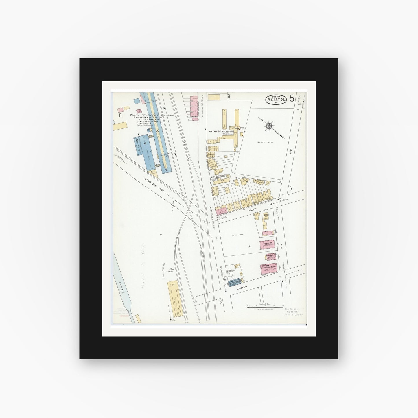 Old map wall art mockup — black gallery frame with white mat — Sanborn Fire Insurance Map from Bristol, Bucks County, Pennsylvania (1927), Sheet #0005