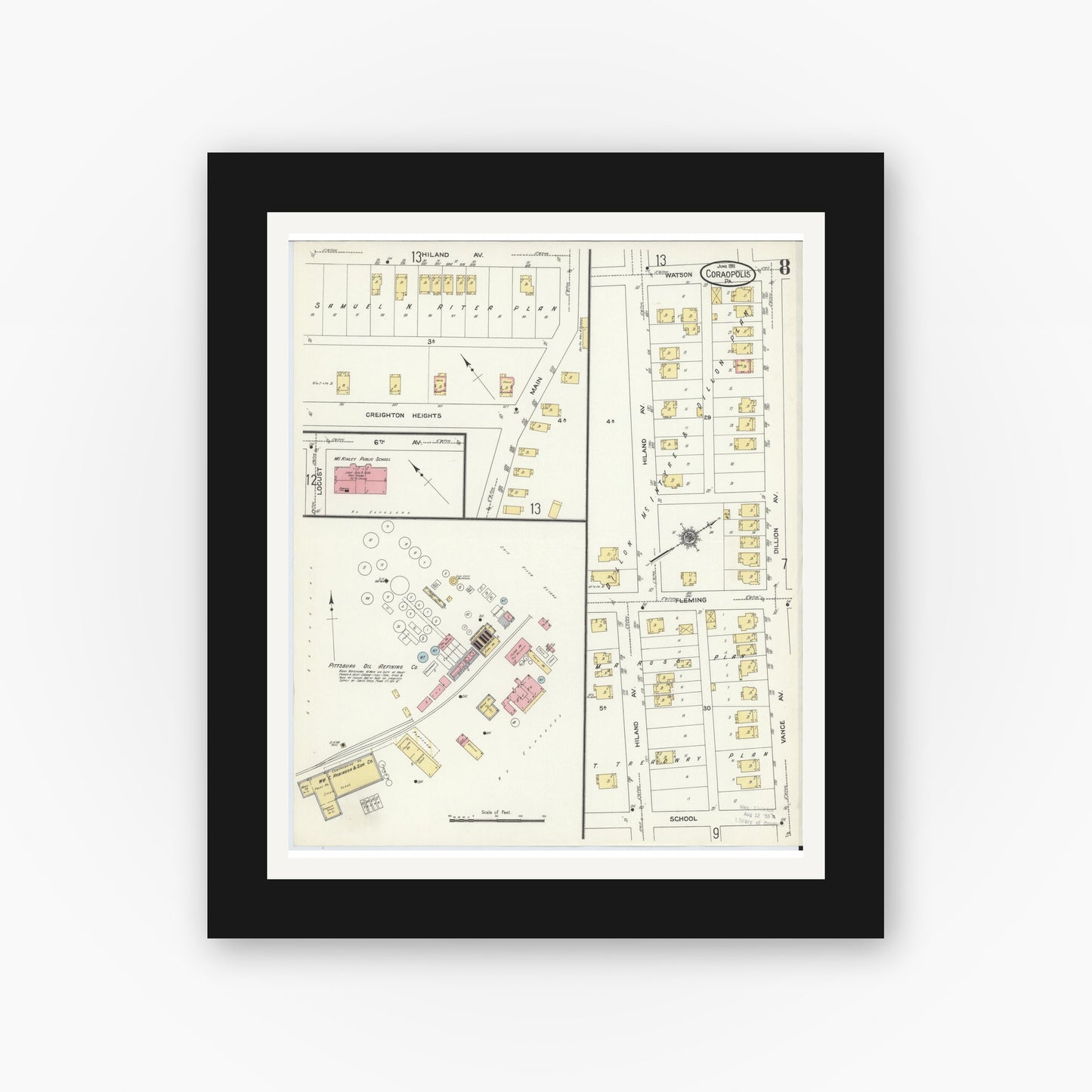 Old map wall art mockup — black gallery frame with white mat — Sanborn Fire Insurance Map from Coraopolis, Allegheny County, Pennsylvania (1911), Sheet #0008
