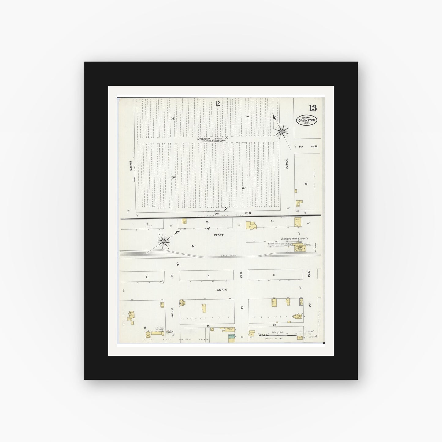 Old map wall art mockup — black gallery frame with white mat — Sanborn Fire Insurance Map from Crookston, Polk County, Minnesota (1906), Sheet #0013