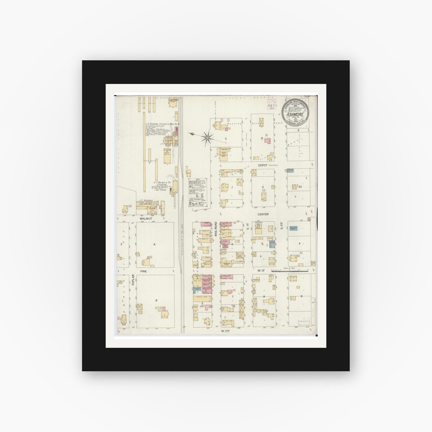 Old map wall art mockup — black gallery frame with white mat — Sanborn Fire Insurance Map from Ashmore, Coles County, Illinois (1902), Sheet #0001