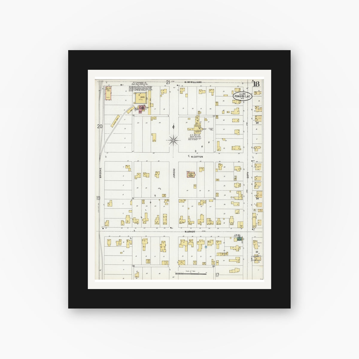 Old map wall art mockup — black gallery frame with white mat — Sanborn Fire Insurance Map from Fond du Lac, Fond du Lac County, Wisconsin (1898), Sheet #0018