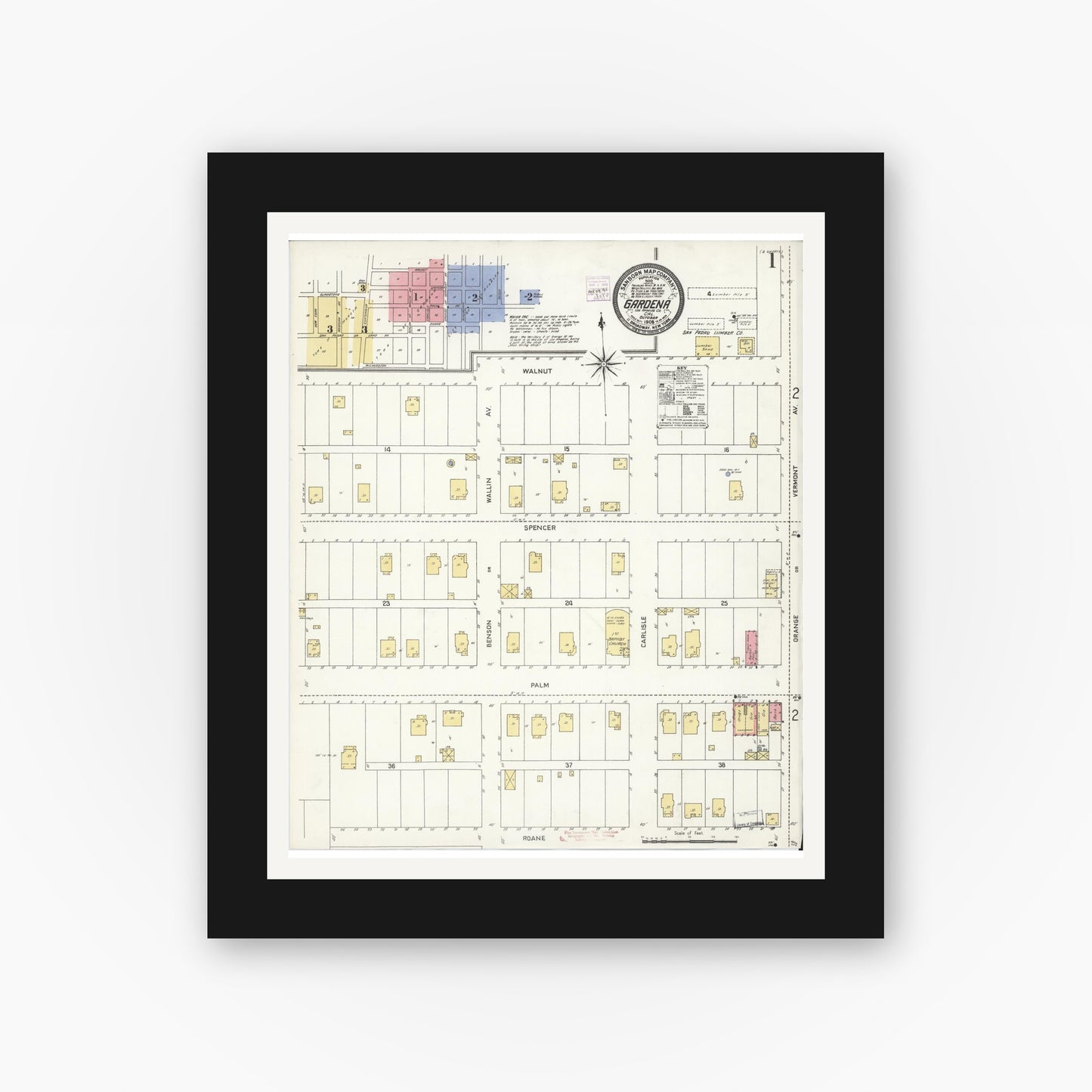 Old map wall art mockup — black gallery frame with white mat — Sanborn Fire Insurance Map from Gardena, Los Angeles County, California (1908), Sheet #0001