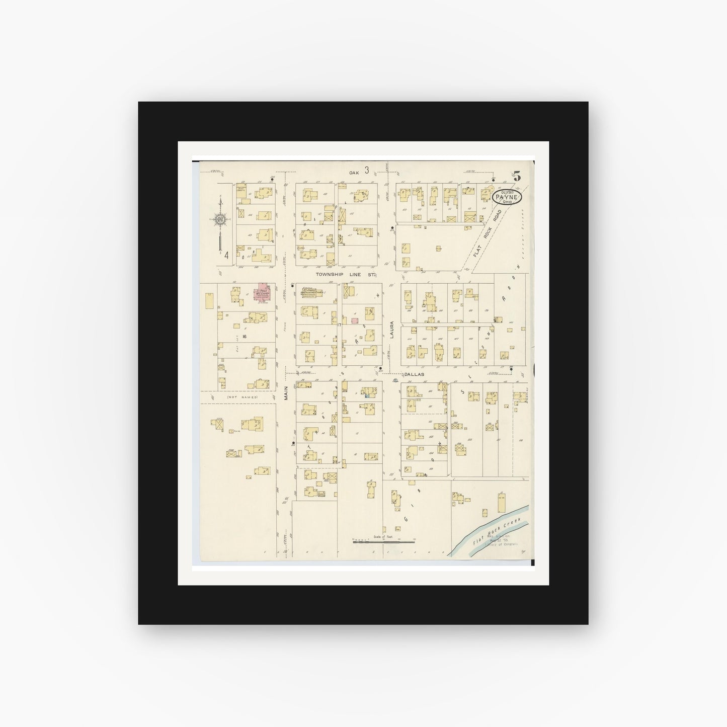 Old map wall art mockup — black gallery frame with white mat — Sanborn Fire Insurance Map from Payne, Paulding County, Ohio (1913), Sheet #0005