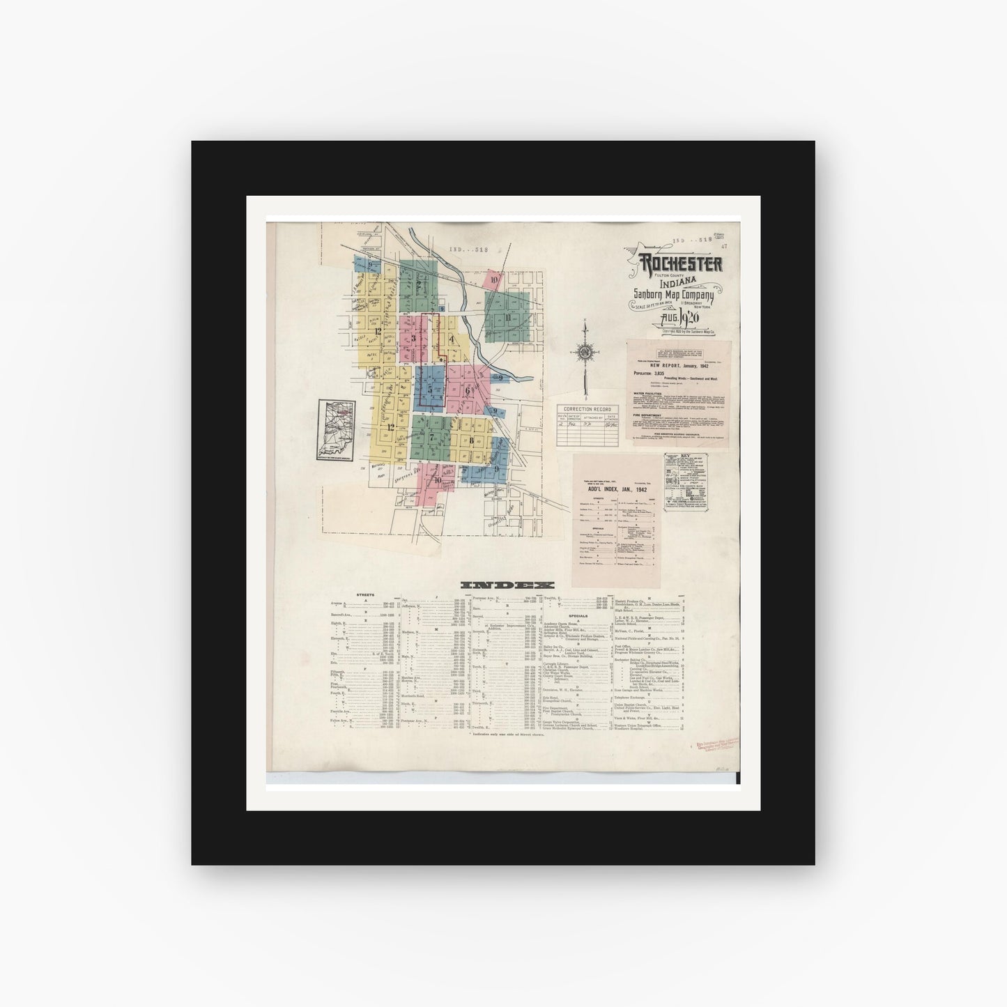 Old map wall art mockup — black gallery frame with white mat — Sanborn Fire Insurance Map from Rochester, Fulton County, Indiana (1942) - Complete Map Set