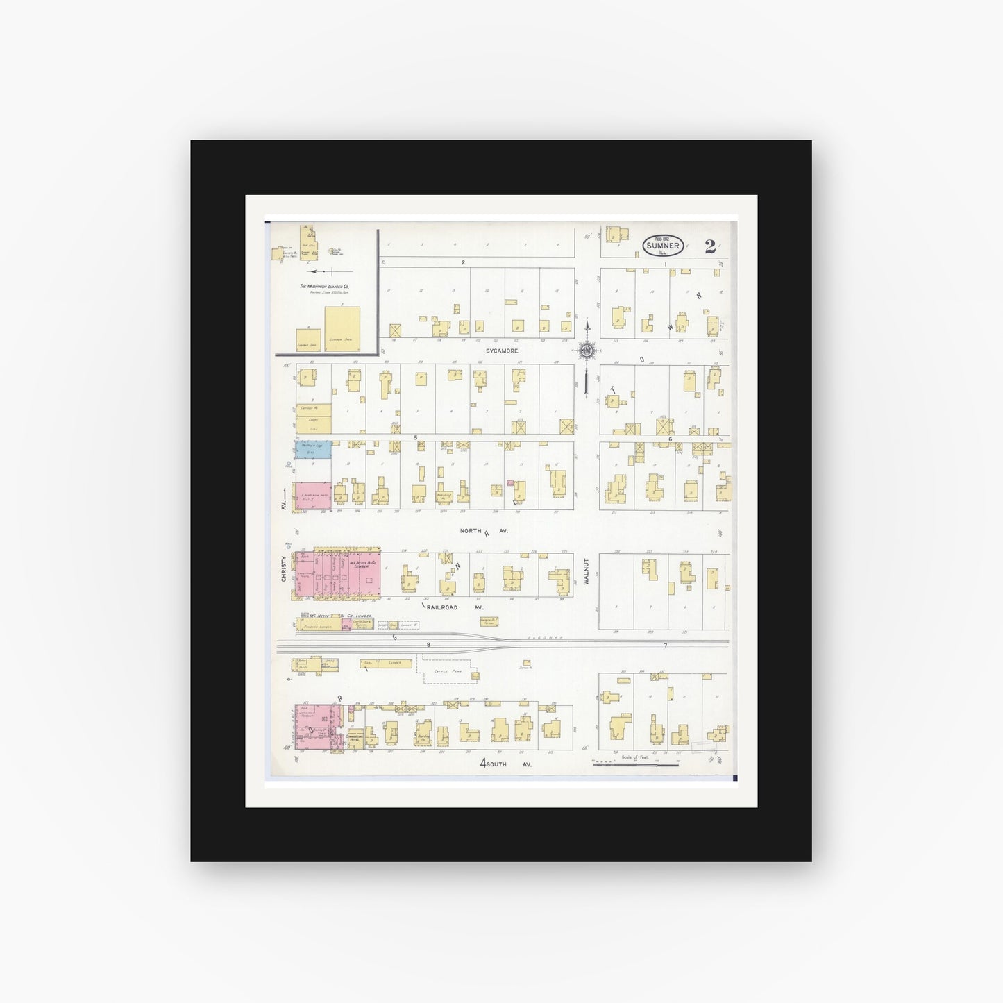 Old map wall art mockup — black gallery frame with white mat — Sanborn Fire Insurance Map from Sumner, Lawrence County, Illinois (1912), Sheet #0002