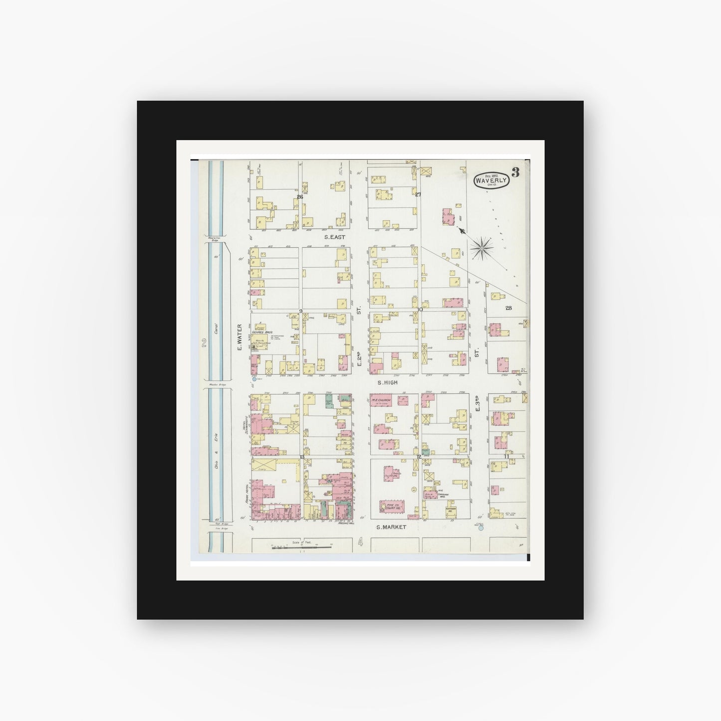 Old map wall art mockup — black gallery frame with white mat — Sanborn Fire Insurance Map from Waverly, Pike County, Ohio (1892), Sheet #0003