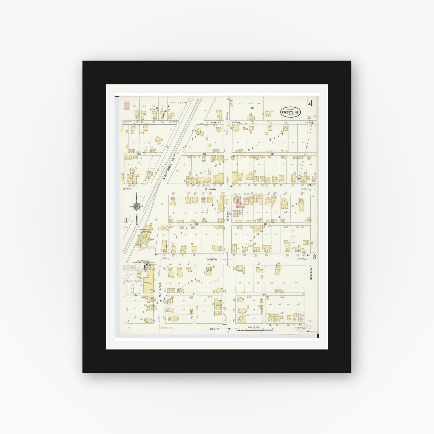 Old map wall art mockup — black gallery frame with white mat — Sanborn Fire Insurance Map from Crestline, Crawford County, Ohio (1910), Sheet #0004