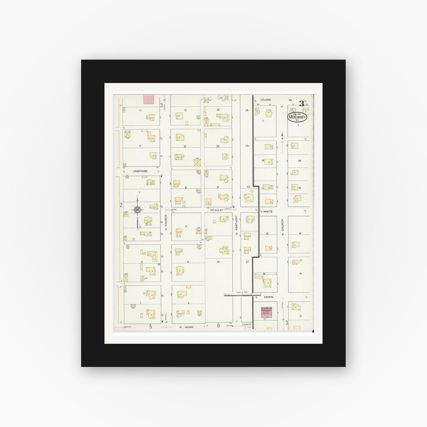 Old map wall art mockup — black gallery frame with white mat — Sanborn Fire Insurance Map from McKinney, Collin County, Texas (1914), Sheet #0003