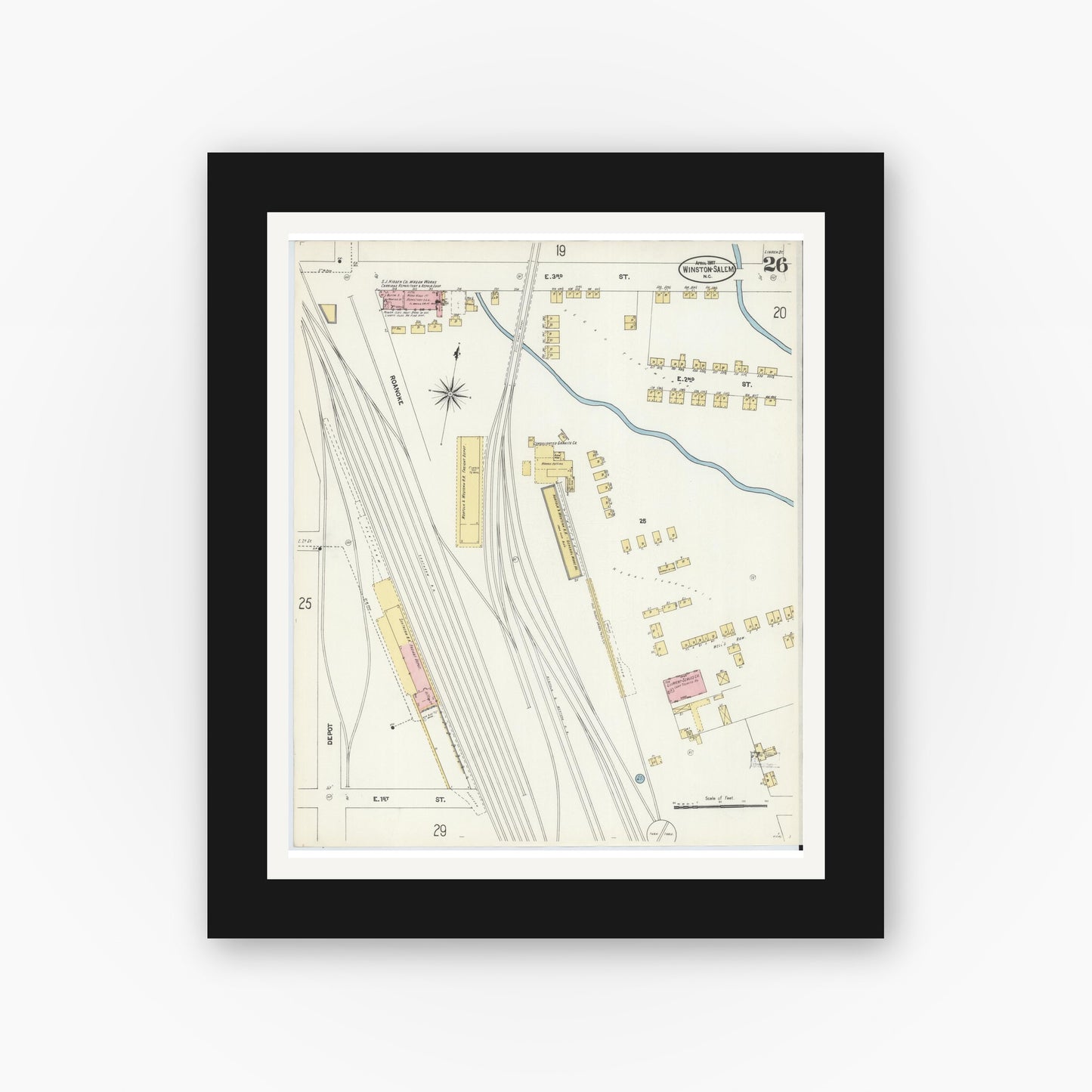 Old map wall art mockup — black gallery frame with white mat — Sanborn Fire Insurance Map from Winston-Salem, Forsyth County, North Carolina (1907), Sheet #0026