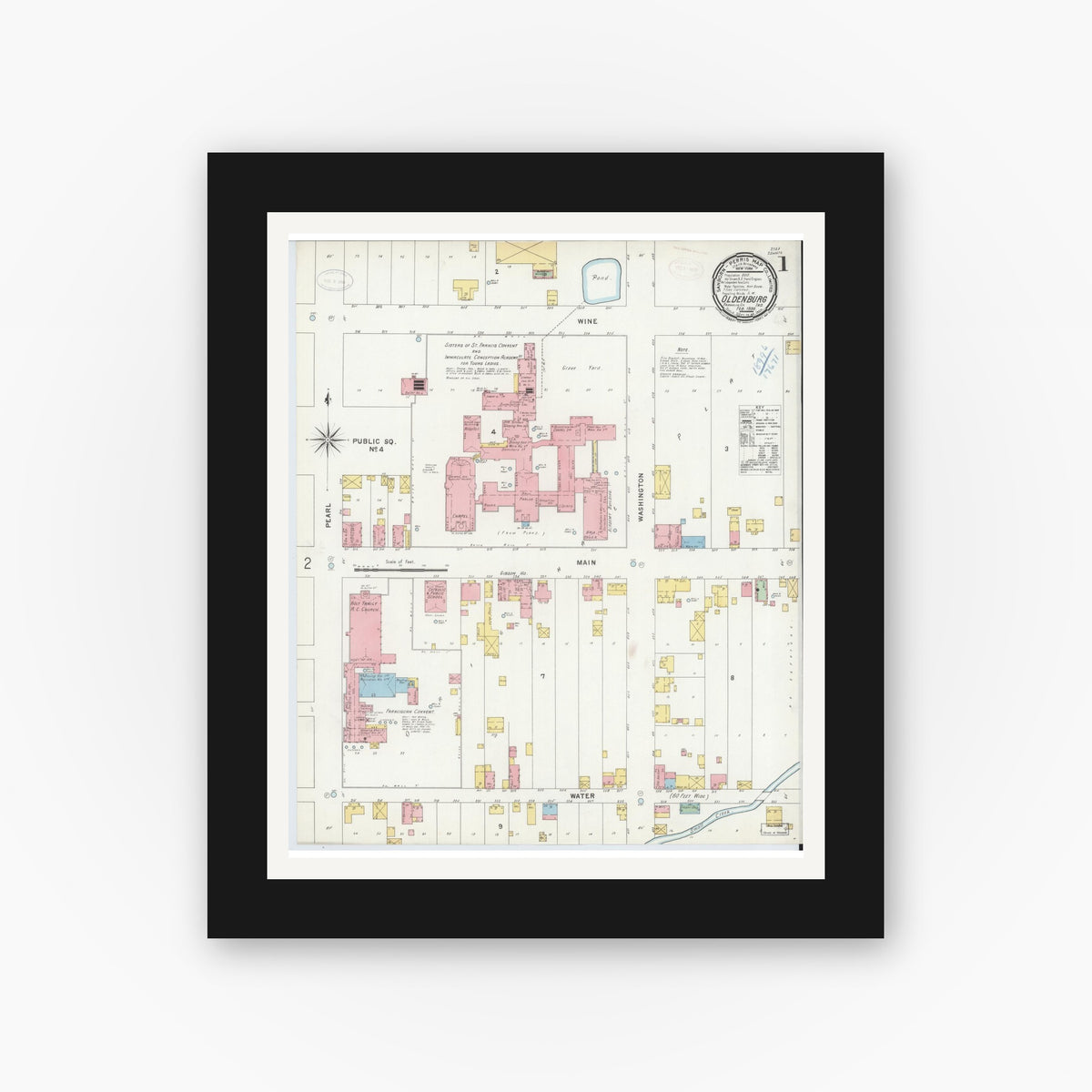 Old map wall art mockup — black gallery frame with white mat — Sanborn Fire Insurance Map from Oldenburg, Franklin County, Indiana (1899), Sheet #0001
