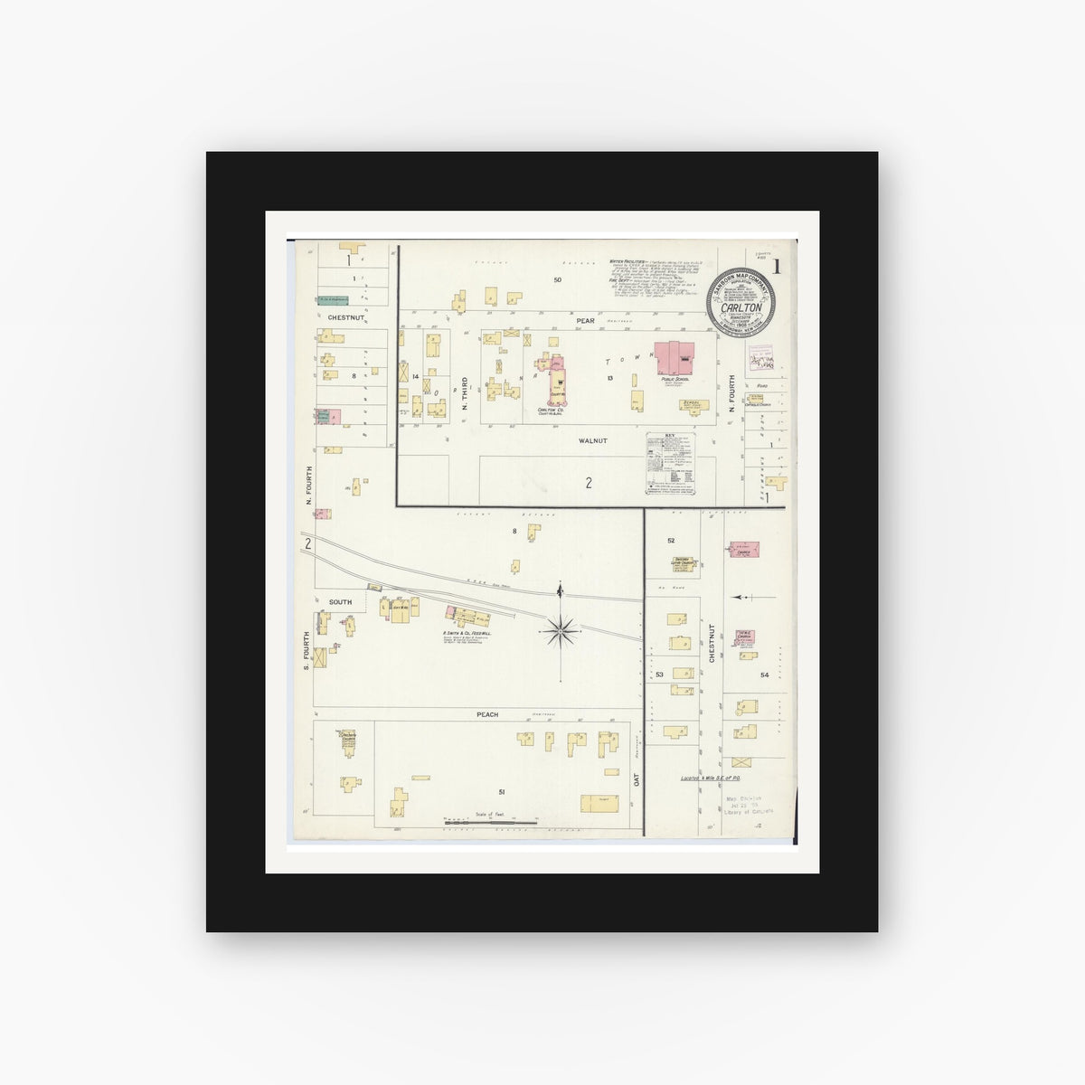 Old map wall art mockup — black gallery frame with white mat — Sanborn Fire Insurance Map from Carlton, Carlton County, Minnesota (1908), Sheet #0001
