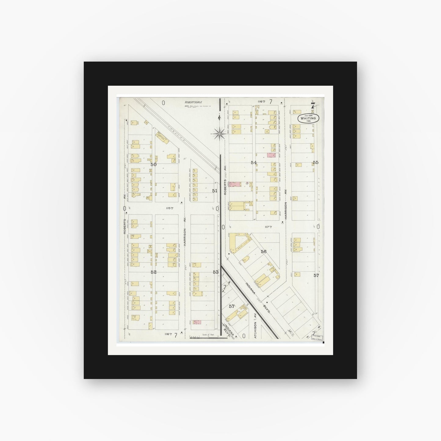 Old map wall art mockup — black gallery frame with white mat — Sanborn Fire Insurance Map from Whiting, Lake County, Indiana (1896), Sheet #0007