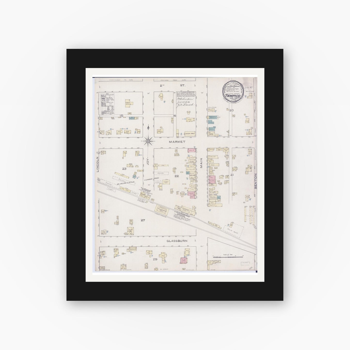 Old map wall art mockup — black gallery frame with white mat — Sanborn Fire Insurance Map from Tampico, Whiteside County, Illinois (1886), Sheet #0001